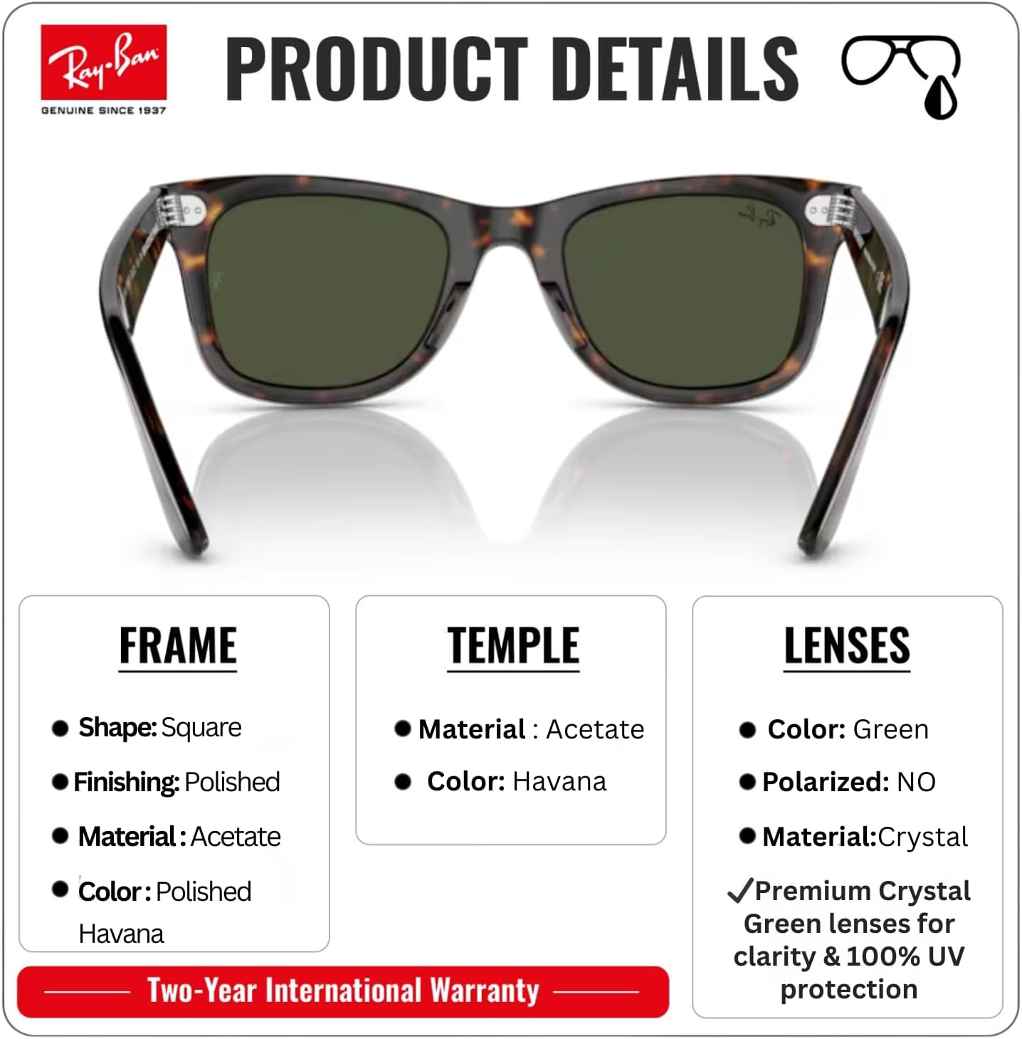 Ray-Ban RB2140 ORIGINAL WAYFARER BIO-BASED Square Shaped Sunglasses for Men & Women with Official RAYBAN Eyewear Kit