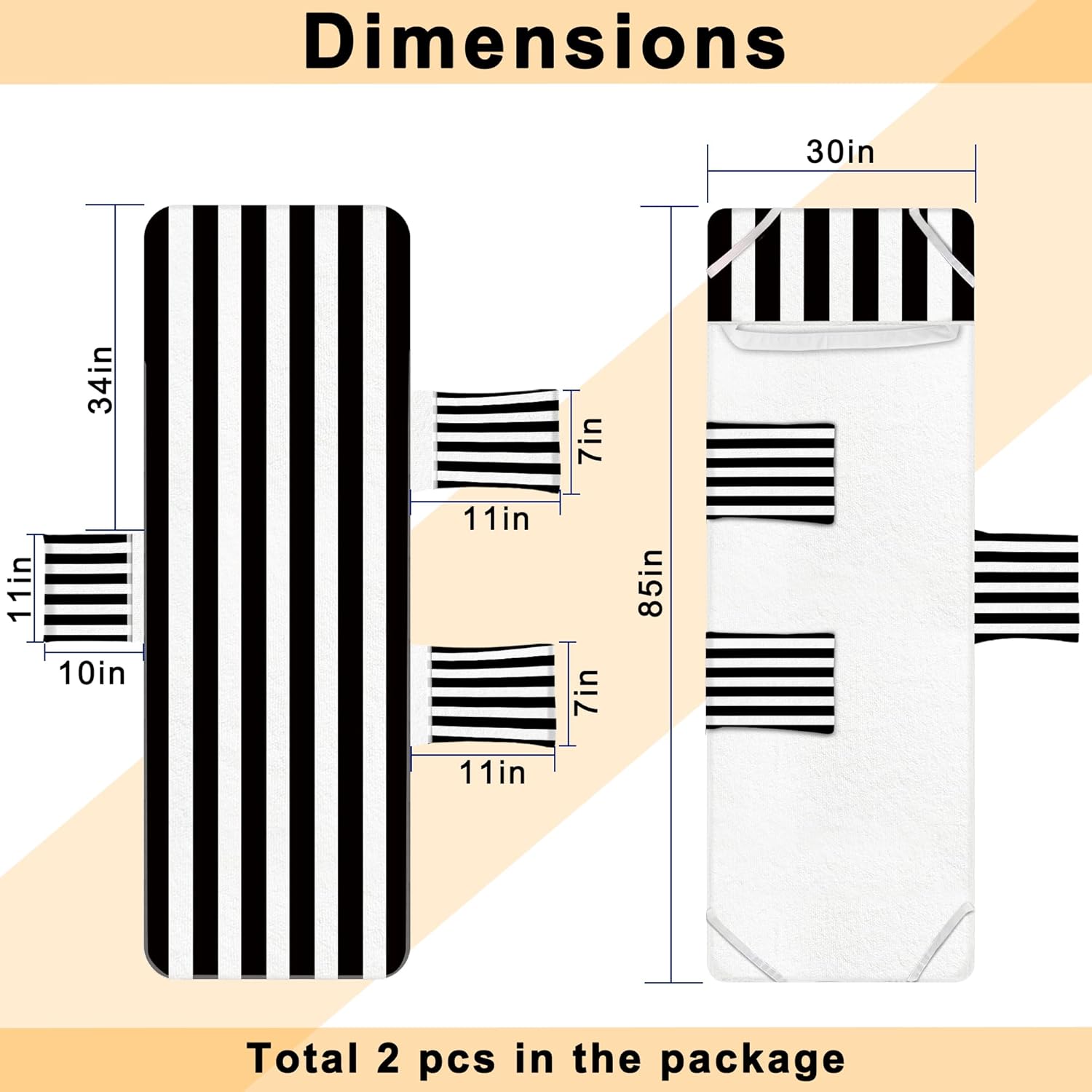 Lounge Chair Towel Cover, Chaise Lounge Covers (Pack of 2), Striped Lounge Chair Towels with Fitted Top Pocket for Pool, Beach,Vacation Travel, 85 x 30 in, Striped Black
