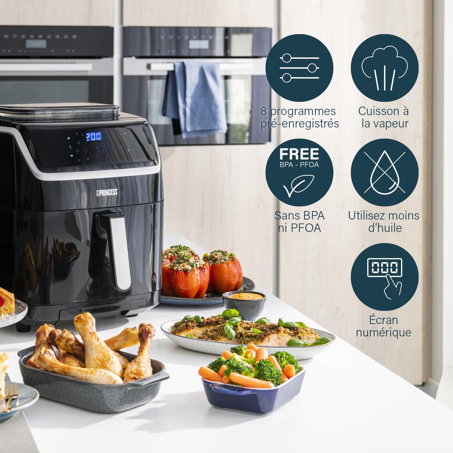 Princess Friteuse sans huile & cuiseur vapeur 2 en 1, 62,2% de consommation d'énergie en moins, Capacité : 6,5 L, 8 programmes, pour jusqu'à 9 personnes, panier de cuisson Ø 23,5 cm, 182080