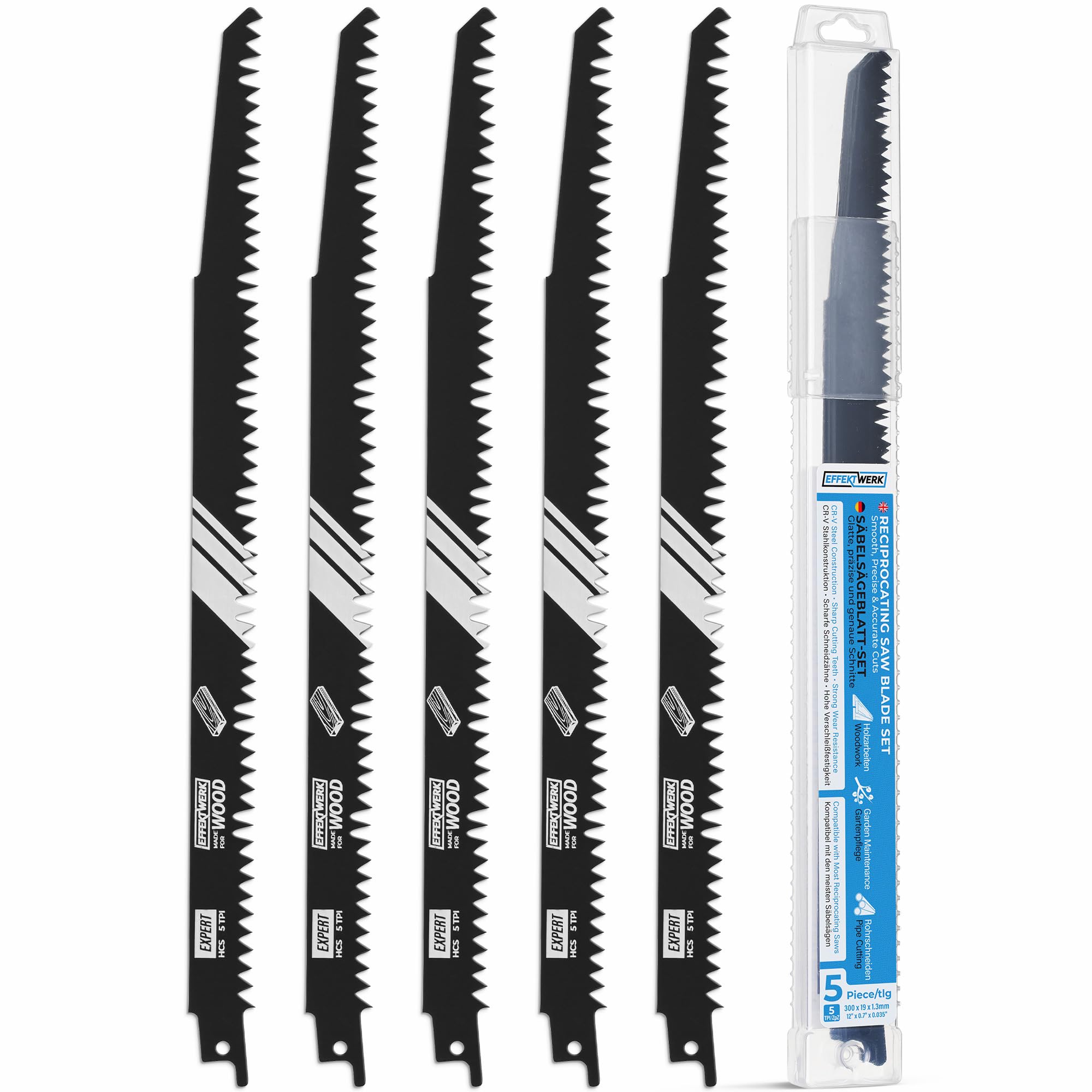 EffektWerk - Reciprocating Saw Blades for Wood - 5 Pieces - 12" / 300mm HCS Steel Sabre Sawblades for Wood & Plastic Cutting - 6 TPI