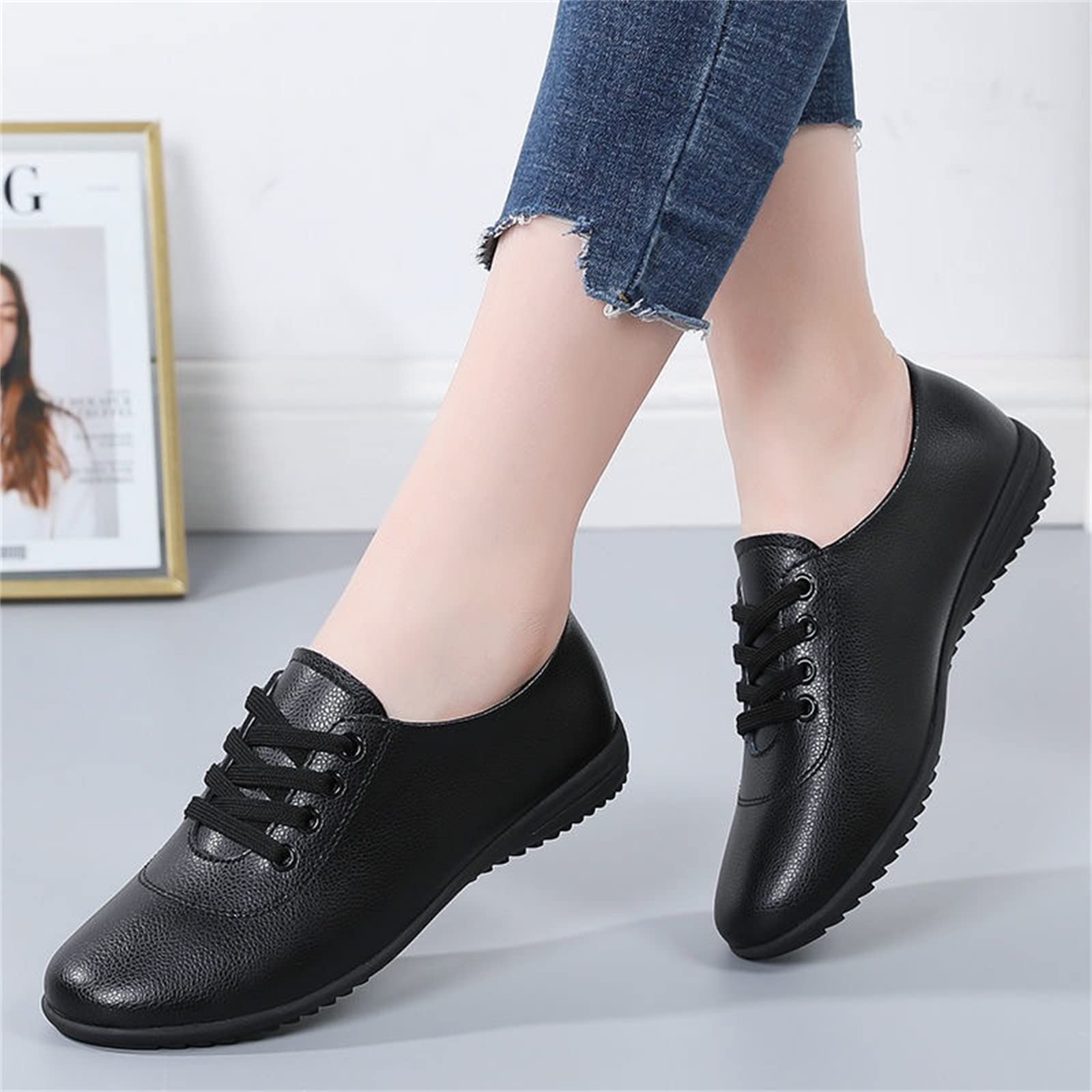 Oxfords De Las Mujeres con Cordones De Cuero Zapatos De Caminata Fondo Ligero De La Oficina De Trabajo De La Oficina De Los Mocasines