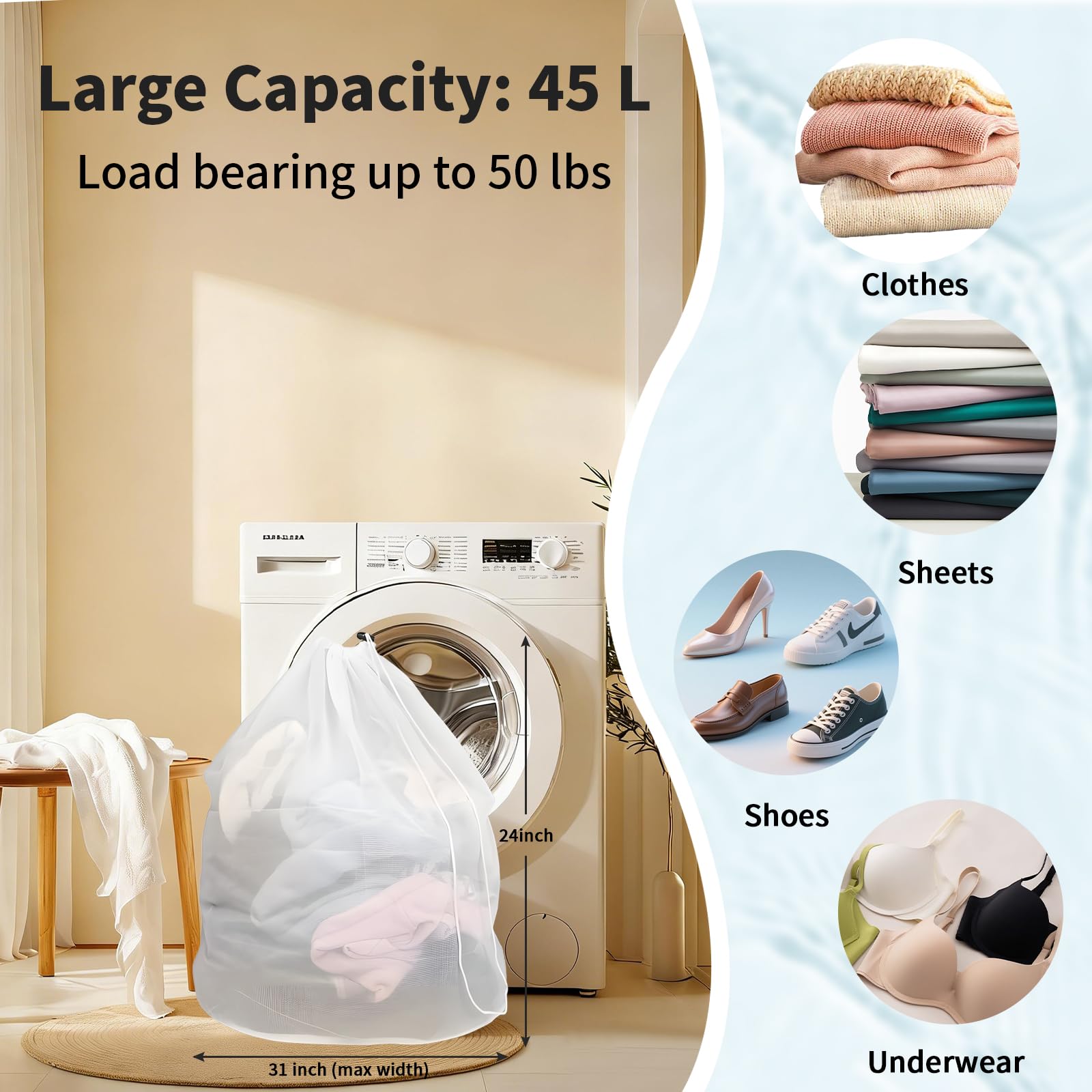 Bolsas de lavandería de malla, 2 bolsas de lavandería grandes resistentes con cierre de cordón, bolsa de lavandería para dormitorio, universidad, viajes, lavanderías, apartamentos (24 x 32 pulgadas,