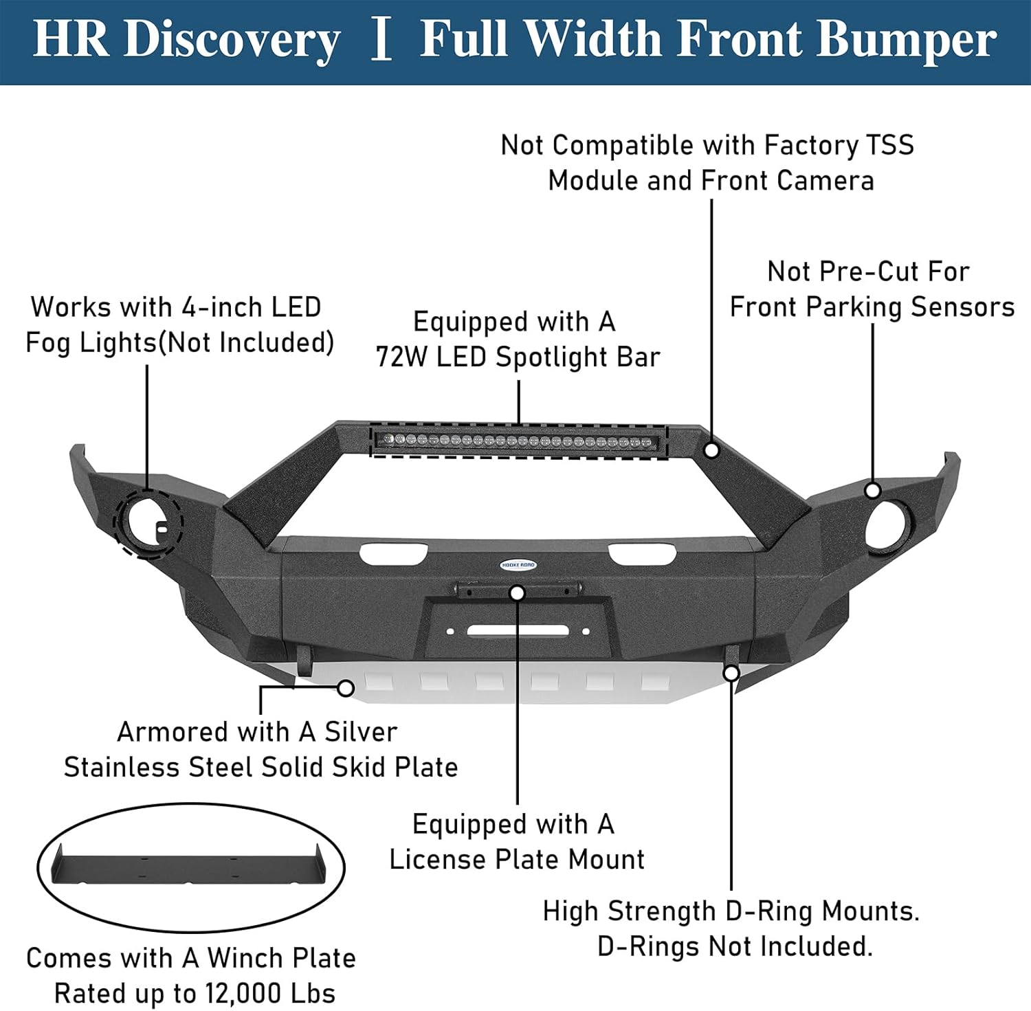 Hooke Road 4Runner Front Bumper Full Width Steel Bumper for 2014-2024 Toyota 4Runner (Excluding Limited Models), Overland Off-Road Bumper w/Bull Bar & Winch Plate & LED Light Bar