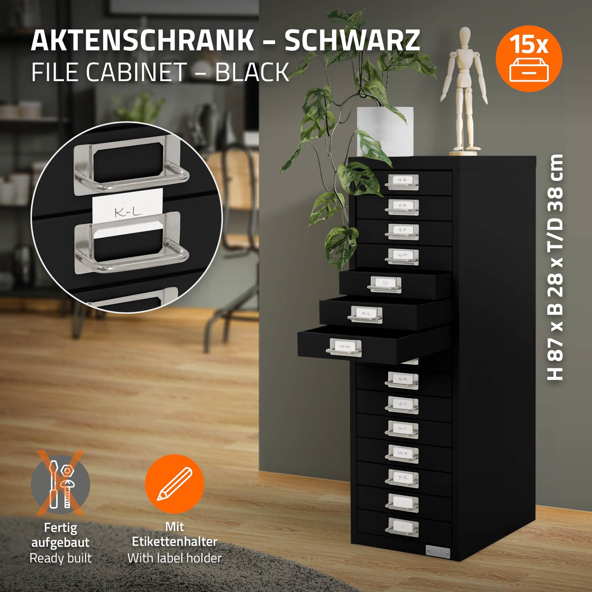 ML-Design Armadio per Archiviazione con 15 Cassetti 28x38x87 cm Nero Cassettiera in Metallo per DIN A4 Schedario per Ufficio con Portaetichette Armadietto in Acciaio Portautensili Portaoggetti