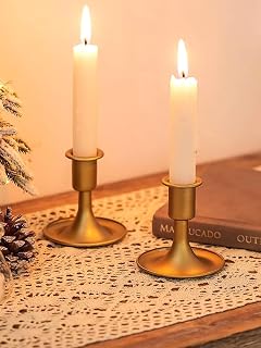 Set of 2 Gold Taper Candle Holders, Candlestick Holders Taper Candle Holders for Table Centerpiece, Candle Stick Holder Bulk for Wedding Reception, Festive Christmas Mantel Decoration
