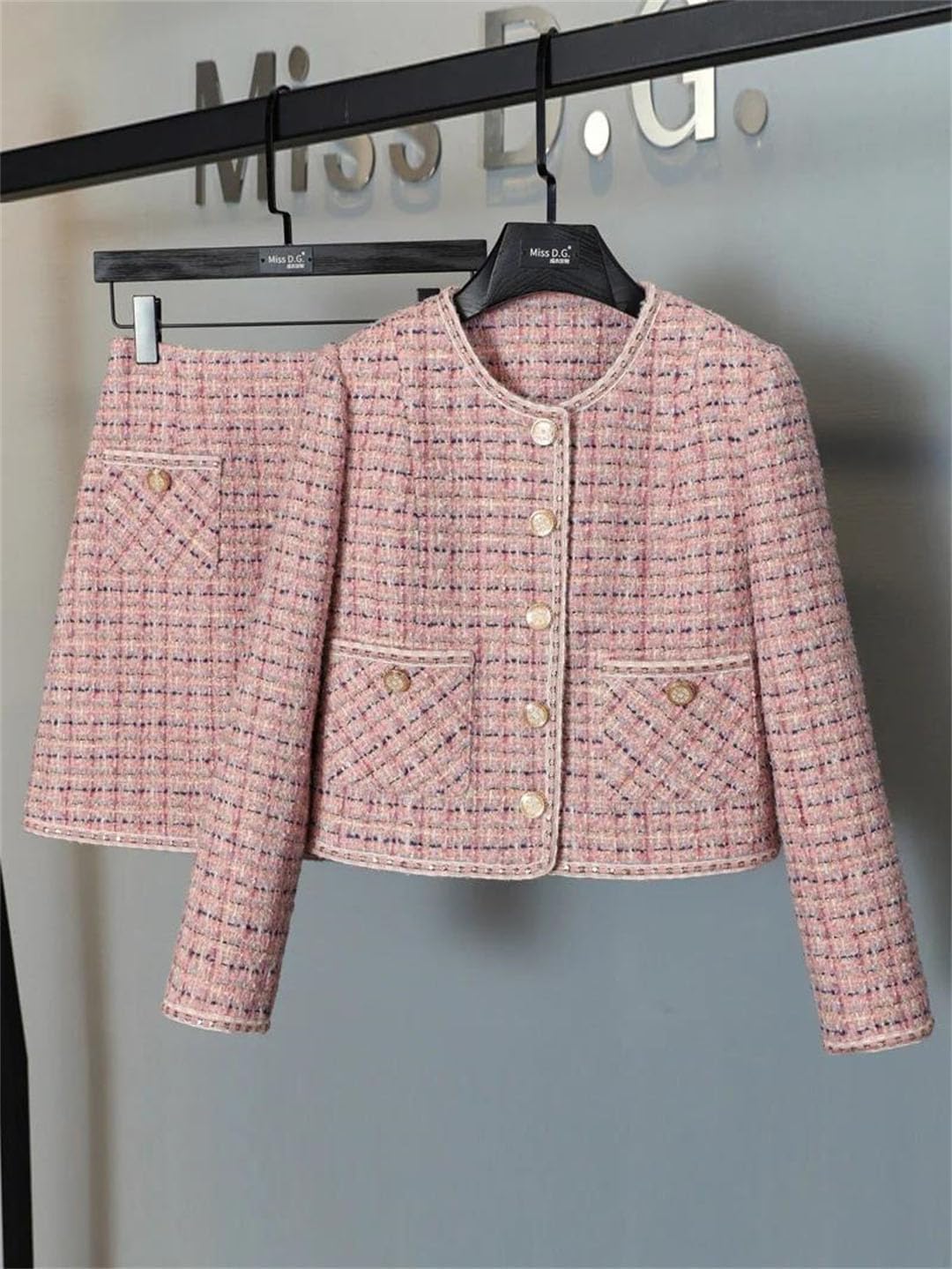 Women Crop Top Woolen Short Jacket Coat Mini Skirts Sets Pink Two Piece Suits