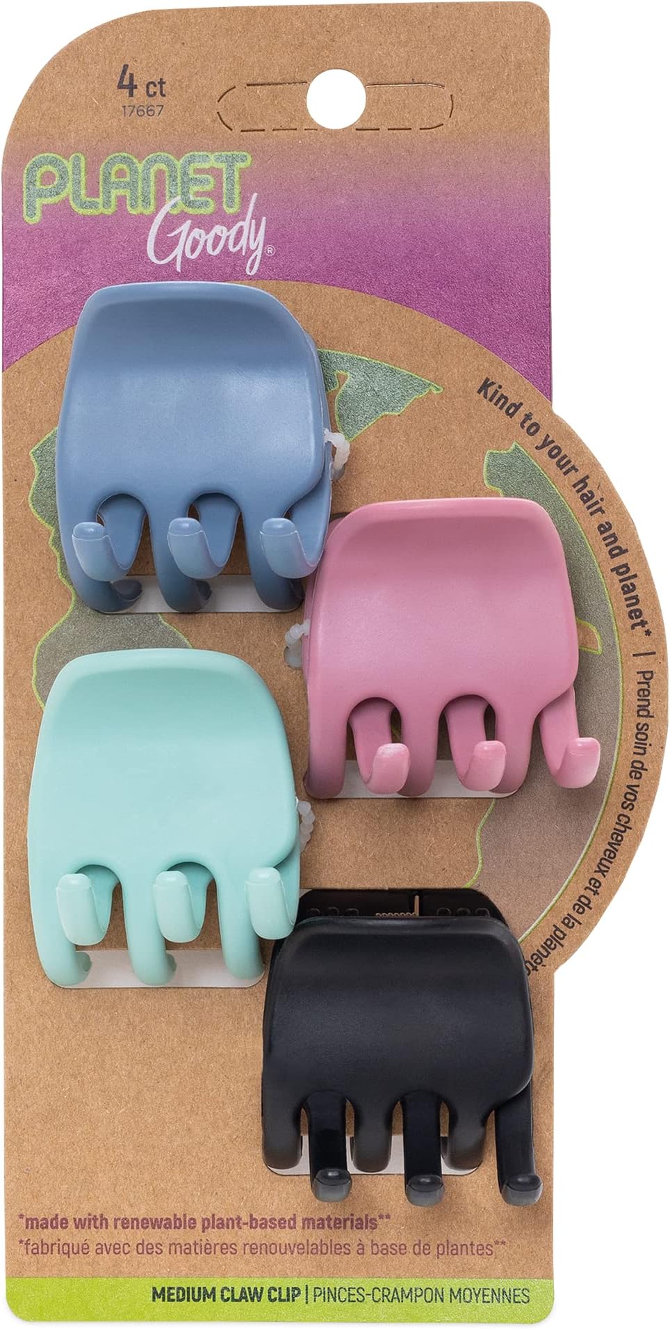 Goody Planet Goody Sustainable Heritage Claw Clips, Medium, Extra Strong, Bright Colors, Blue, White, Mint and Black, 4 Count
