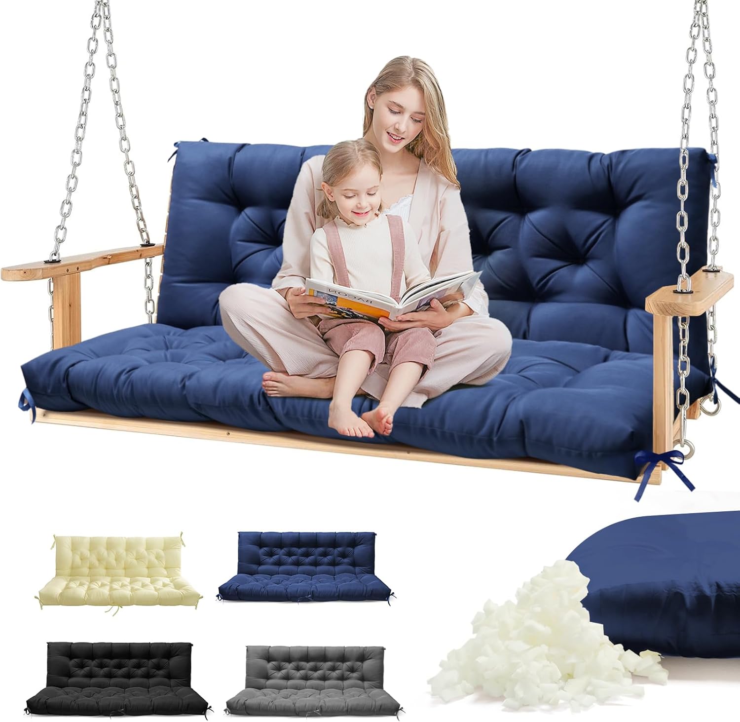 Porch Swing Cushions, Patio Swing Cushions Waterproof for Outdoor Furniture Thickened Outdoor Swing Bench Cushions 2-3 Seater Replacement with Ties (Blue, 60x40 in)