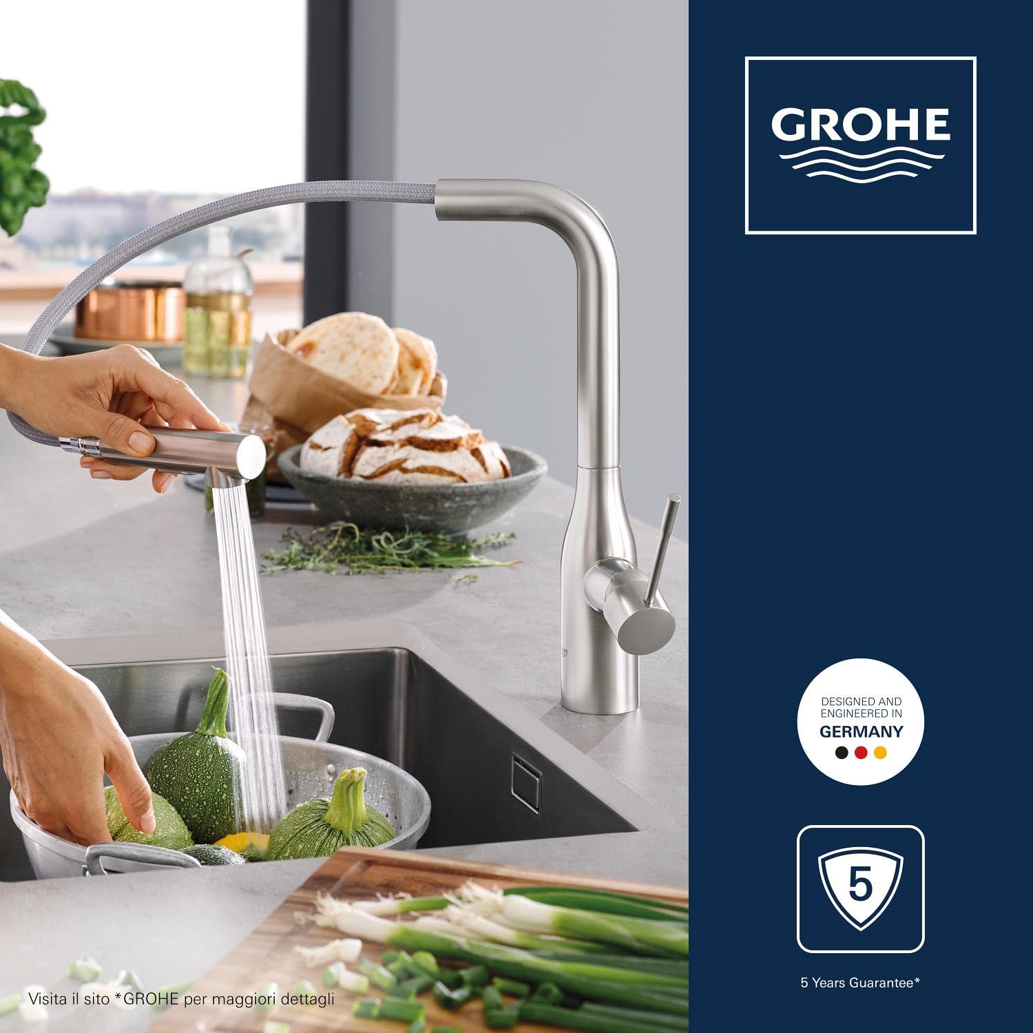 GROHE Essence Rubinetto Miscelatore Monocomando per Lavello, bocca alta, cromatura Starlight, Cromo spazzolato 30270DC0