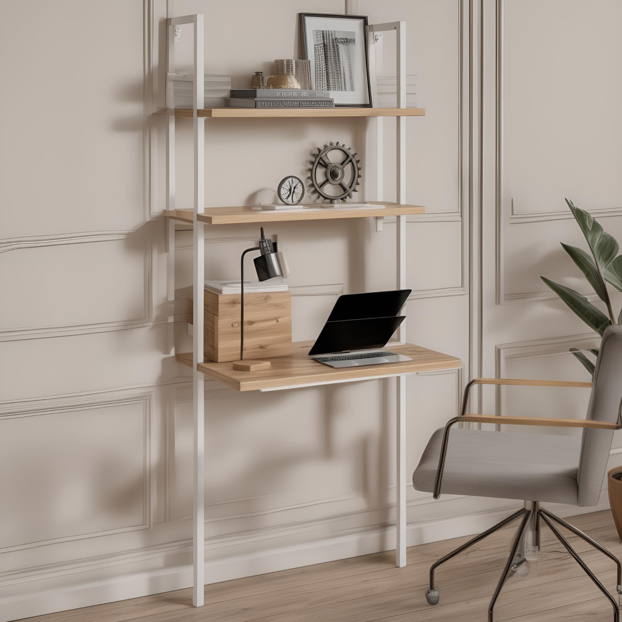 Box and Beyond - Escritorio Industrial con 2 estantes, Madera eucalipto y Metal, Color Blanco - FSC 70% - 76 x 51 x 185 cm