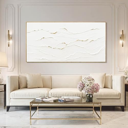WINKAILIN Arte minimalista de línea blanca y dorada con marco pintado a mano, lienzo abstracto, arte de pared con ondas, para dormitorio, sala de