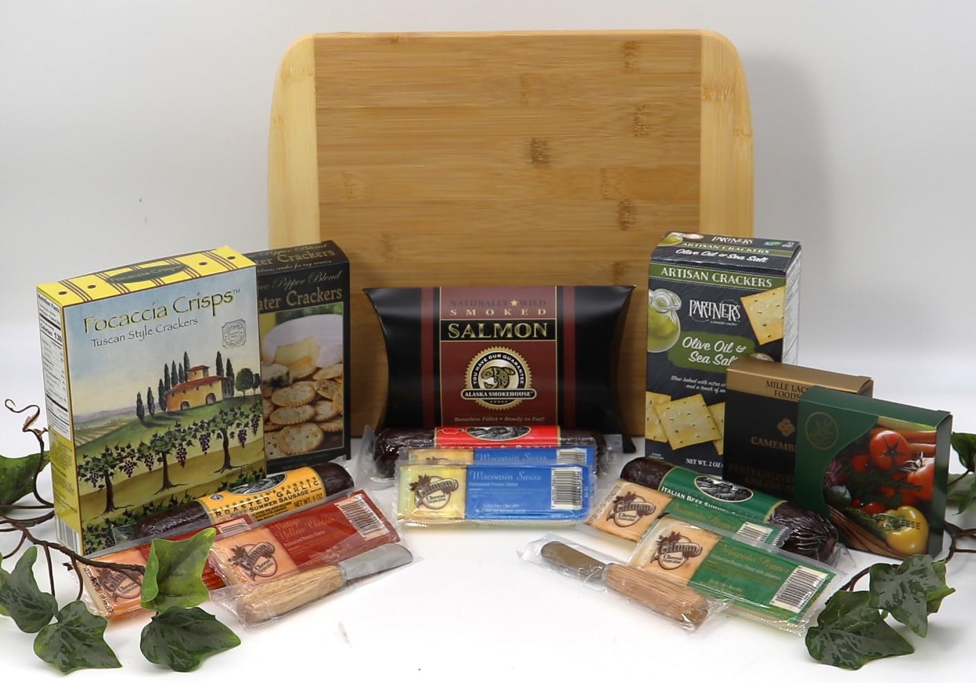 Gift Basket Village - In This Home Gourmet Cutting Board Set: Crackers, Sausages, Salmon, Cheeses, and Spreaders, Perfect for Any Occasion, Handcrafted in the USA