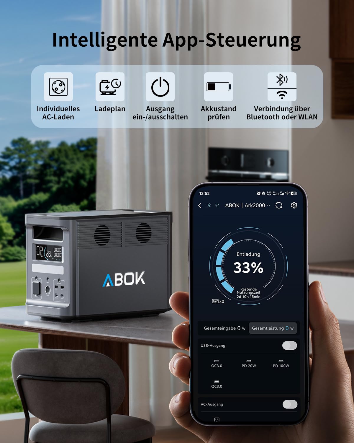 ABOK Ark2000 Tragbare Powerstation 1536Wh LiFePO4, erweiterbar auf 4,6kWh, 1,3h 0–100% Schnellladung, 2000W AC Solargenerator mit UPS & App-Steuerung für Camping, Notfälle, Wohnmobile & Off-Grid