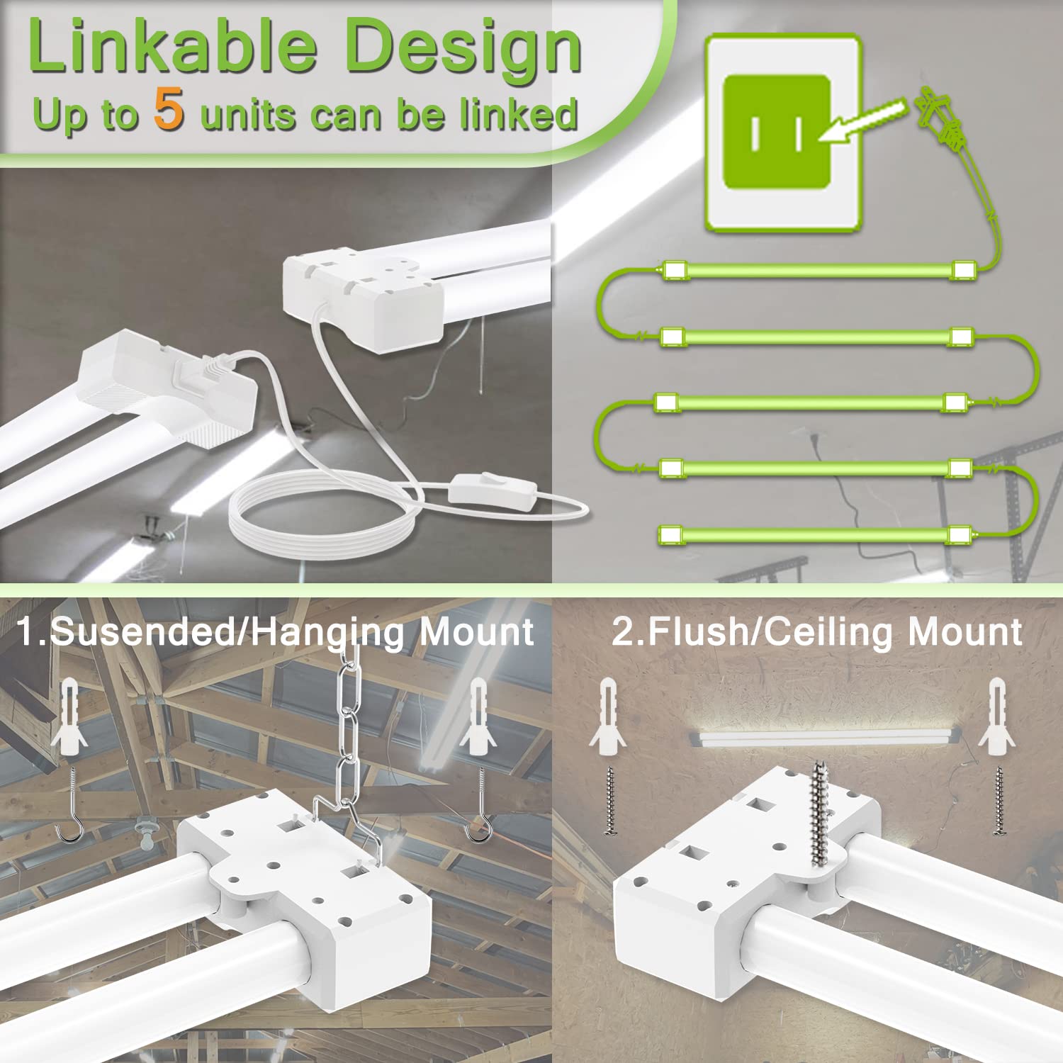 4FT 40W LED Shop Light Linkable 5600lm 250w Equivalent 5000K Utility Shop Lights for Garages Workshops Basements Hanging — view 2