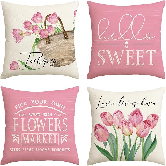 Artoid Mode Hello Sweet Tulips Basket Spring Cushion Covers Set of 4, 45x45 cm Summer Decorative Pillow Case Cover Sofa Living Room Decor