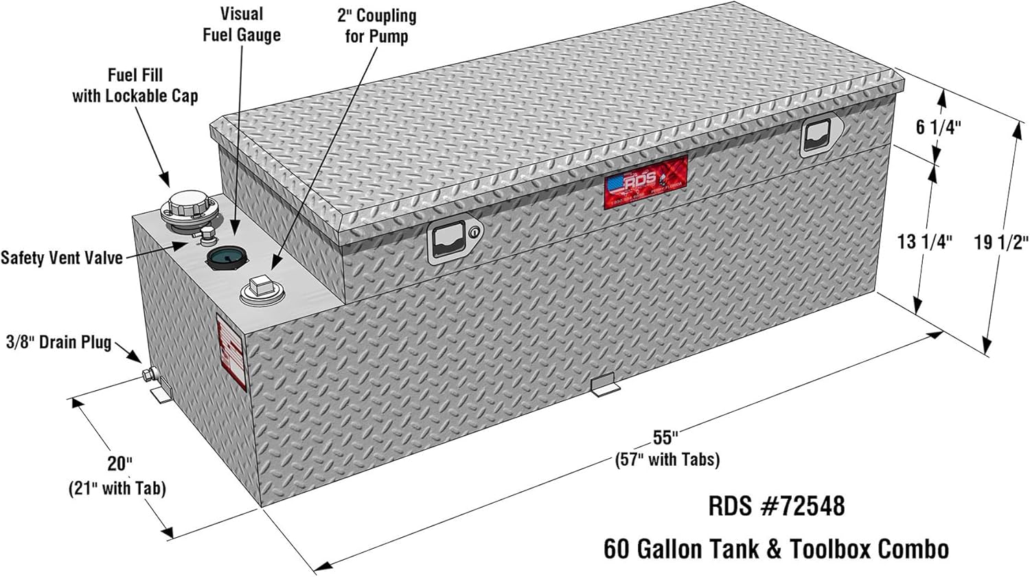 RDS MFG INC - 72548 Fuel Transfer Tank/Auxiliary Fuel Tank/Toolbox Combo - 60 Gallon