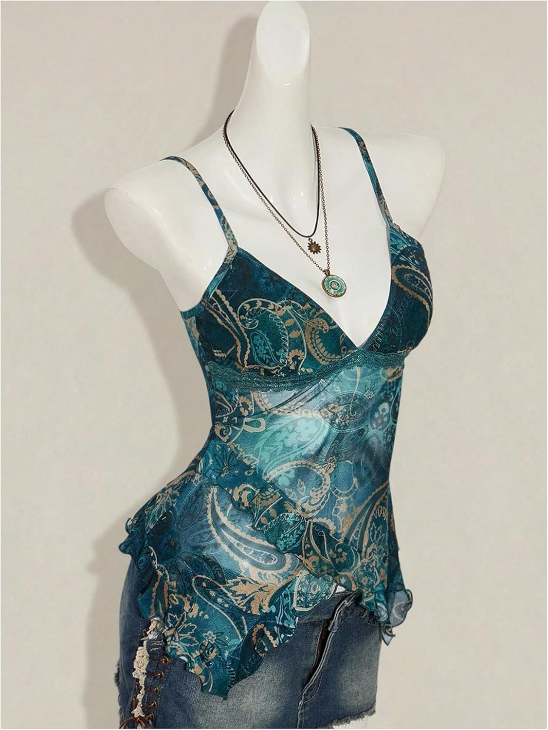 Milumia Women's Boho Paisley Ruffle Trim Mesh Cami Top V Neck Asymmetrical Hem Sheer Tops - Image 3