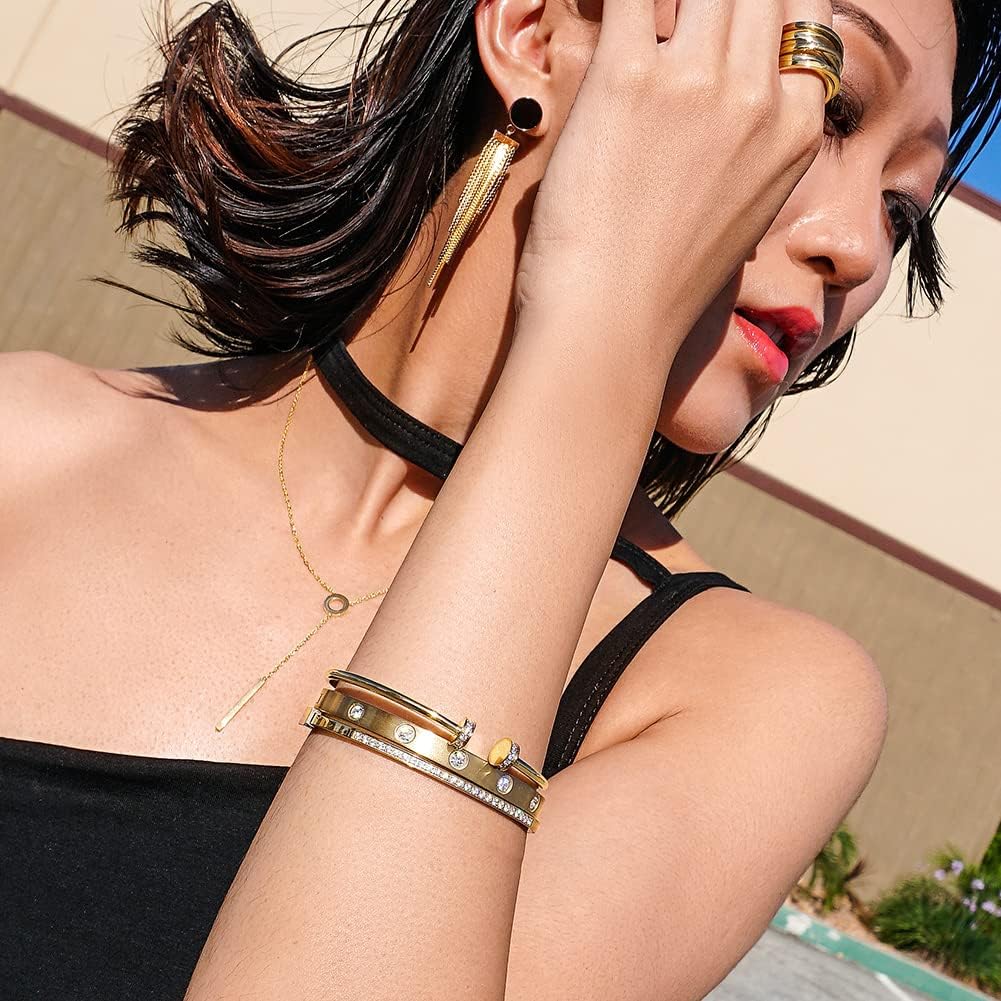 Shiny Cuff with Round CZ Bangle Bracelet for Women Polished Thin Stainless Steel Jewelry for Men Gift - Image 2