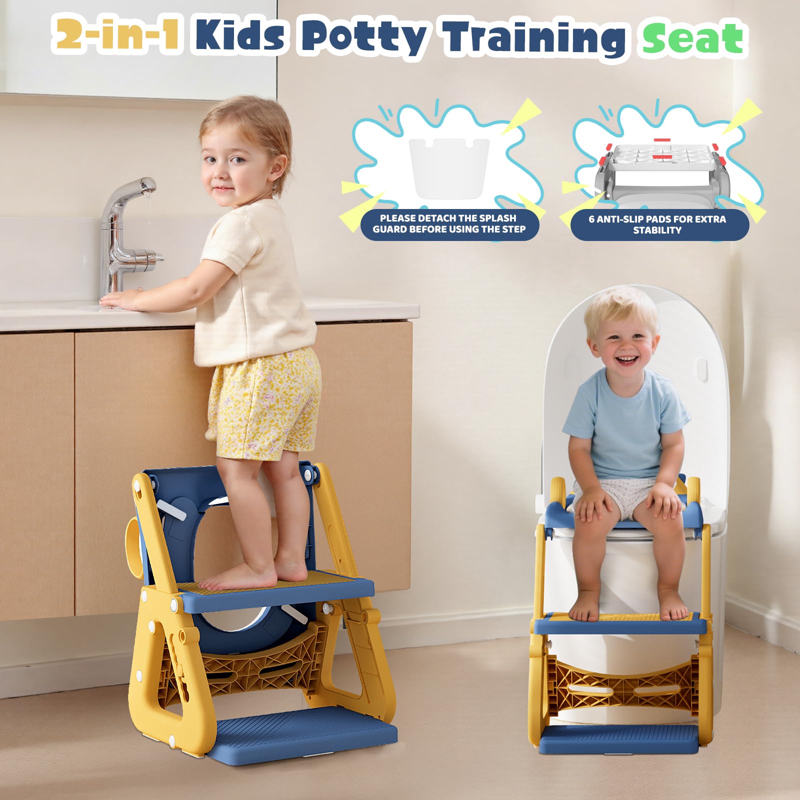 Riduttore Wc Bambini con Scaletta, 2 In 1 Scaletta Wc Per Water Bambini con Struttura a Triangolo, Paraspruzzi Estesi Regolabile e Pieghevole Sgabello Antiscivolo, Adattatore per Bambino e Cuscino