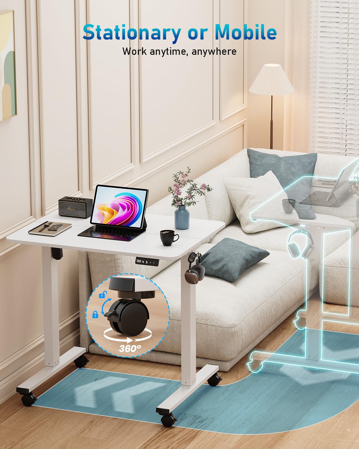 Höhenverstellbarer Schreibtisch, 80x60 cm, Hochwertige Tischplatte, elektrischer Schreibtisch höhenverstellbar, Computertisch mit Memory Funktion, Weiß