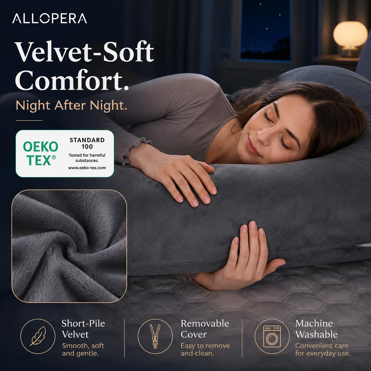 ALLOPERA, Coussin de Grossesse 145 cm – Soutien Jambes, Dos, Cou, épaules, Hanches, Ventre pour Femmes Enceintes, avec Housse Amovible et Lavable en Velours (Gris Noir)