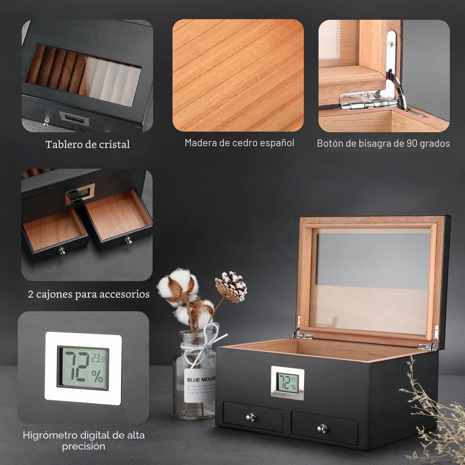 Humidificador de puros con 2 cajones, accesorios para puros, caja de madera de cedro maciza, regalos para hombres, humidificador de cristal, funda