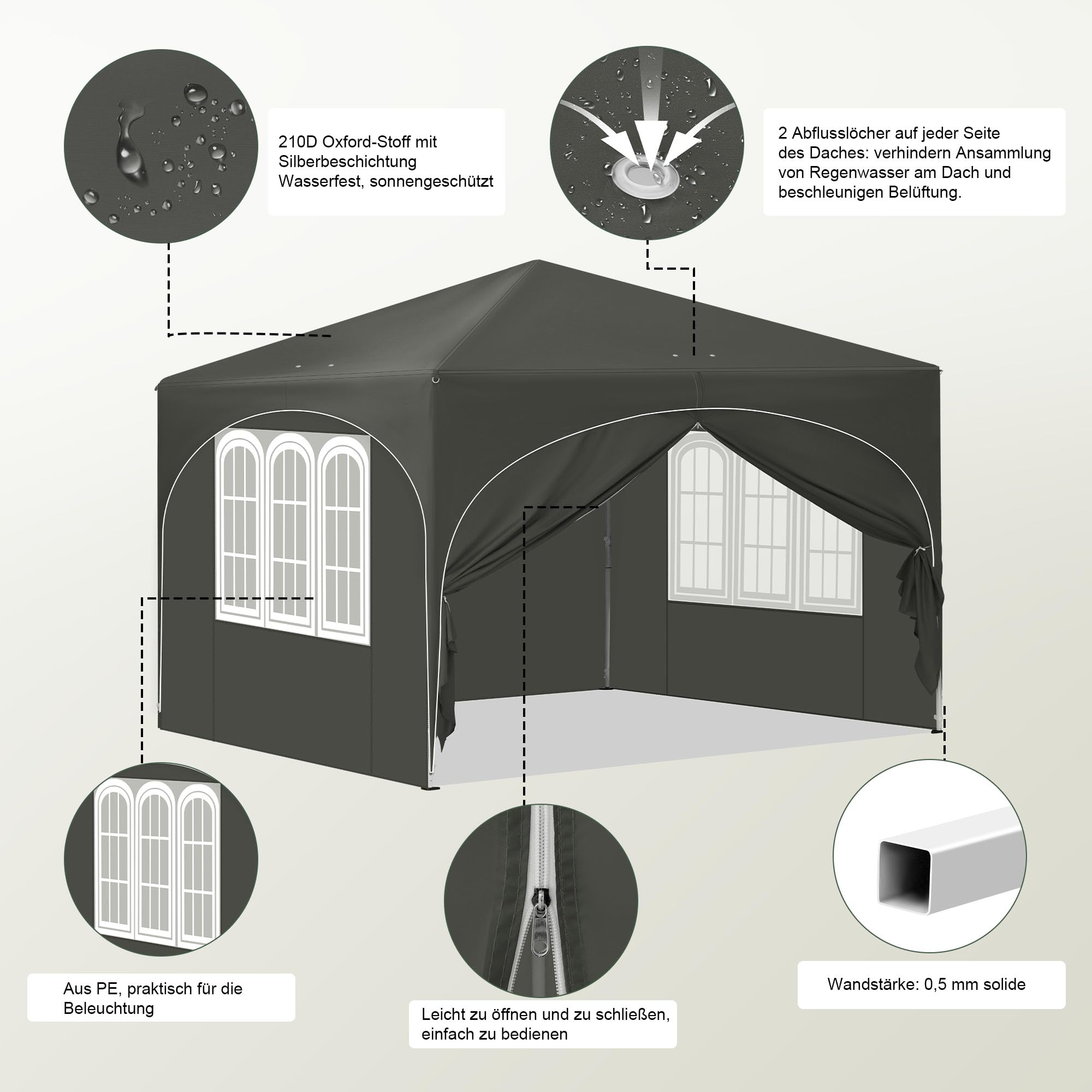Laneetal Pop-Up Faltpavillon wasserfest Winterfest, Pavillon 3x3 m faltbar, Grillpavillon stabil, Gartenpavillon mit Seitenwänden Fenstern Tasche, für Camping Strand Garten, Grau