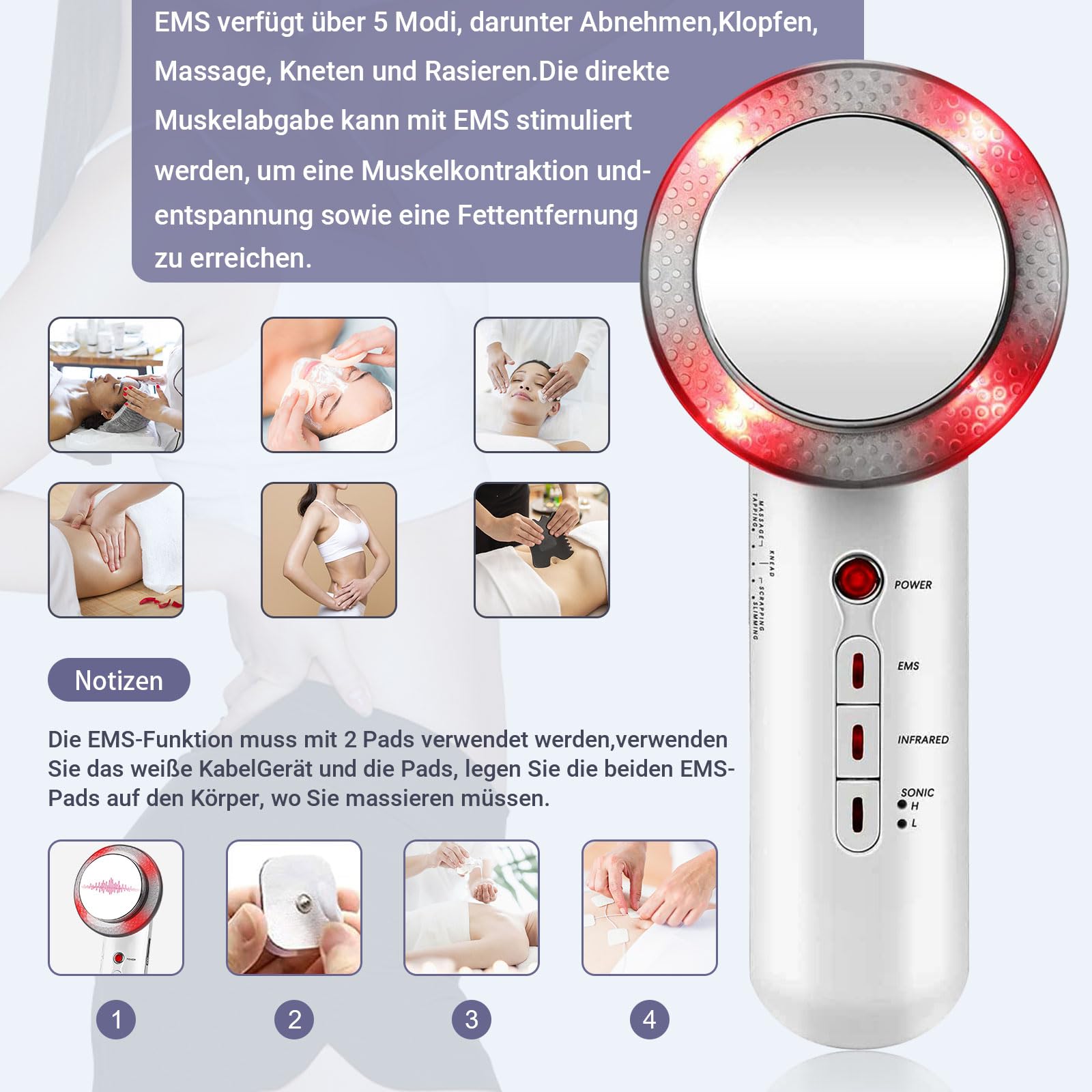 3 En 1 Cavitation Appareil Ultrasonique, appareil anti cellulite, 5 modes et 5 intensités, température constante de 45 degrés, Appareil de soins de la peau pour le visage/les bras/le corps