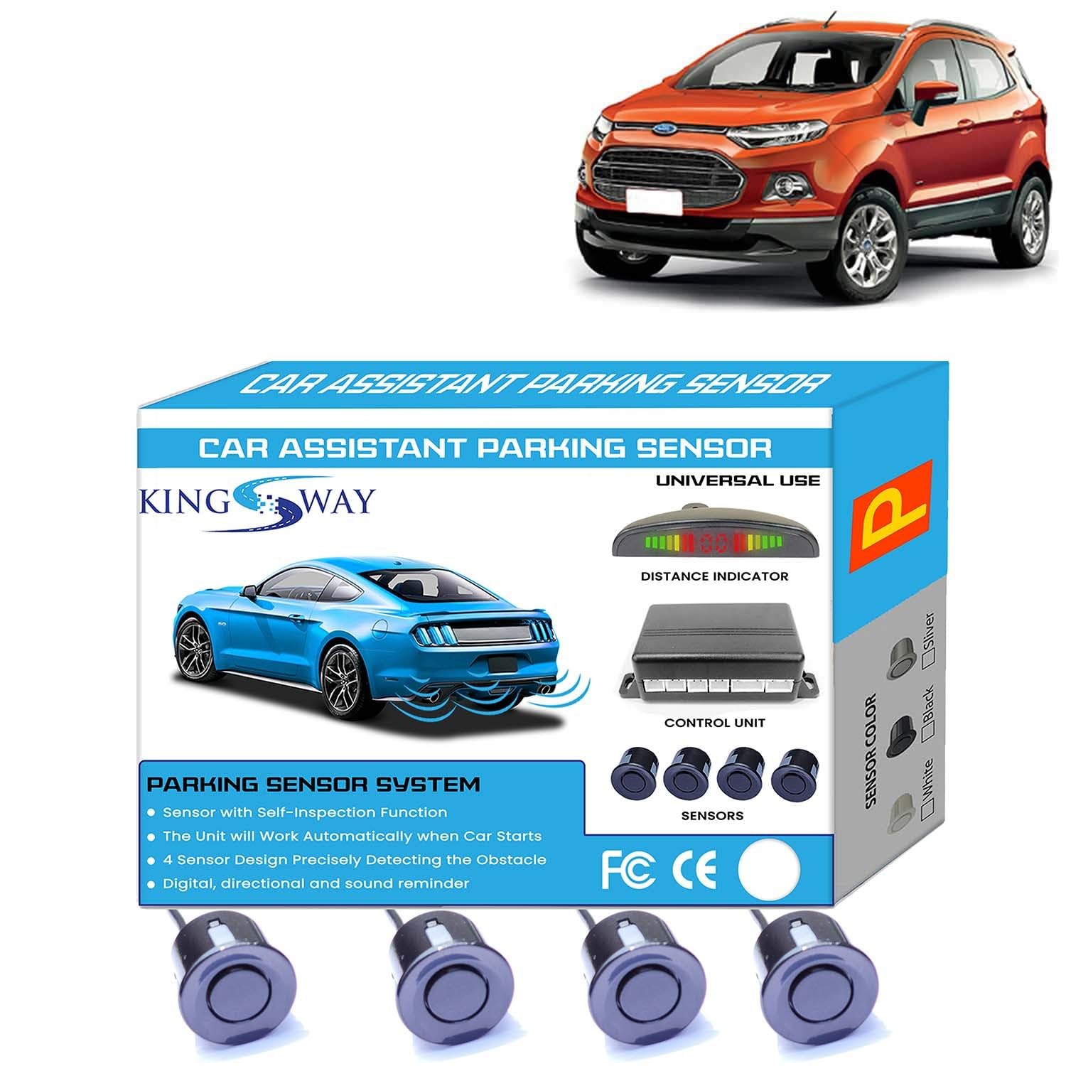 KINGSWAY® Car Reverse Parking Sensor Universal with LED Display Compatible with Ford Ecosport (Year 2012 to 2016), Auto Object Detection Radar System with Ultrasonic Sensor Kit in Black Color