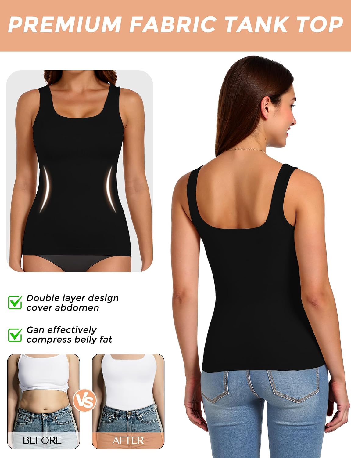 AURUZA 2PCS Womens Shapewear Tummy Control U Neck Camisole Tops for Women Seamless Compression Tank Top, Black+Beige, 3XL