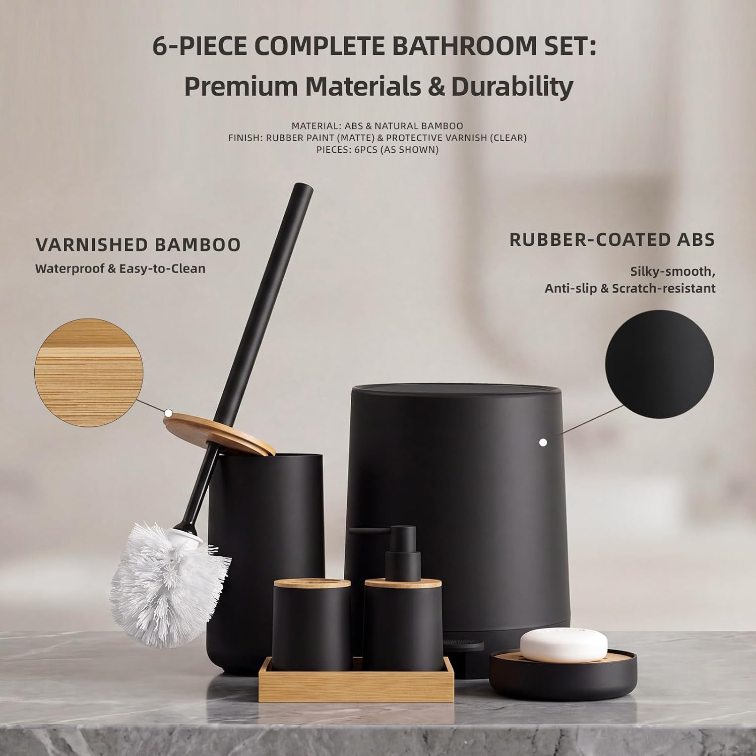 Bathroom Accessories Set Luxury Bath Decor with Trash Can 6PCS,Matte Black image 4
