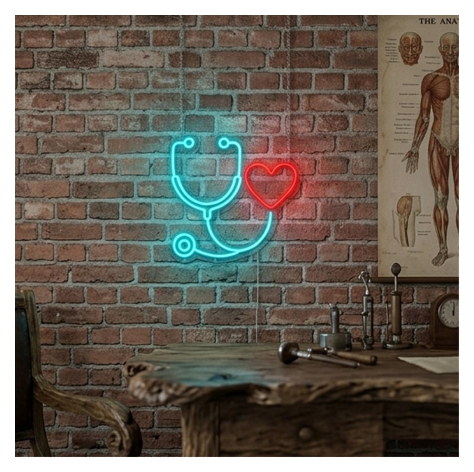 Wiszące neony artystyczne Neon Stetoskop, Lampa, Dekoracja Apteki, Szpitala, Kliniki, Gabinetu Lekarskiego, Pediatry 40x38.7cm