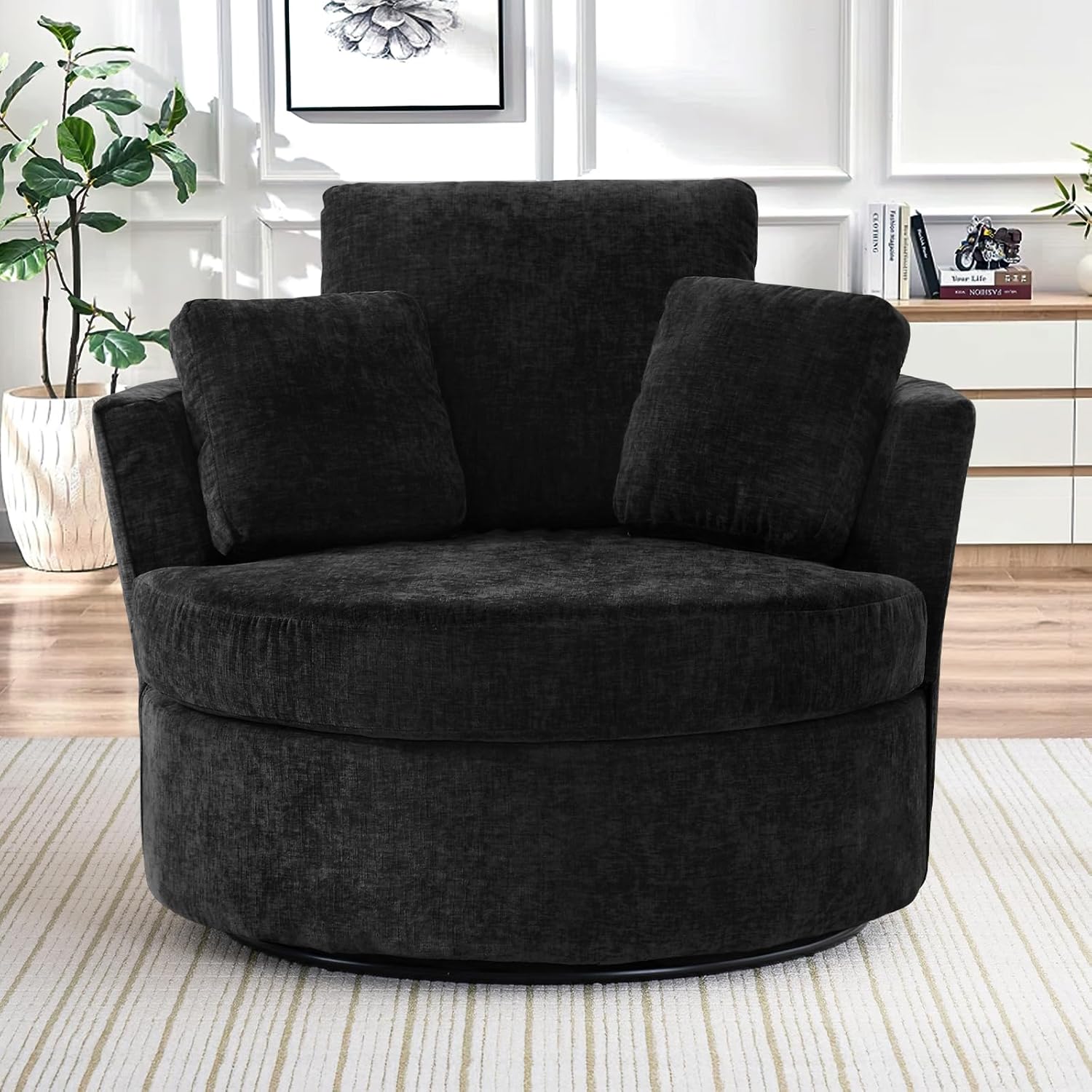 42" W Modern Black Swivel Barrel Chair with 360° Round Metal Base & Soft Chenille Pillows & Thick Cushion, Comfy Oversized Chaise Longue Indoor Living Room, Bedroom Club Reading Armchair (Black)
