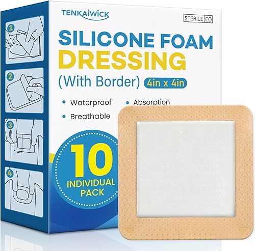 Paquete de 10 vendajes de espuma de silicona de 4 x 4 pulgadas con borde adhesivo, vendajes de silicona de alta absorción, vendajes de espuma