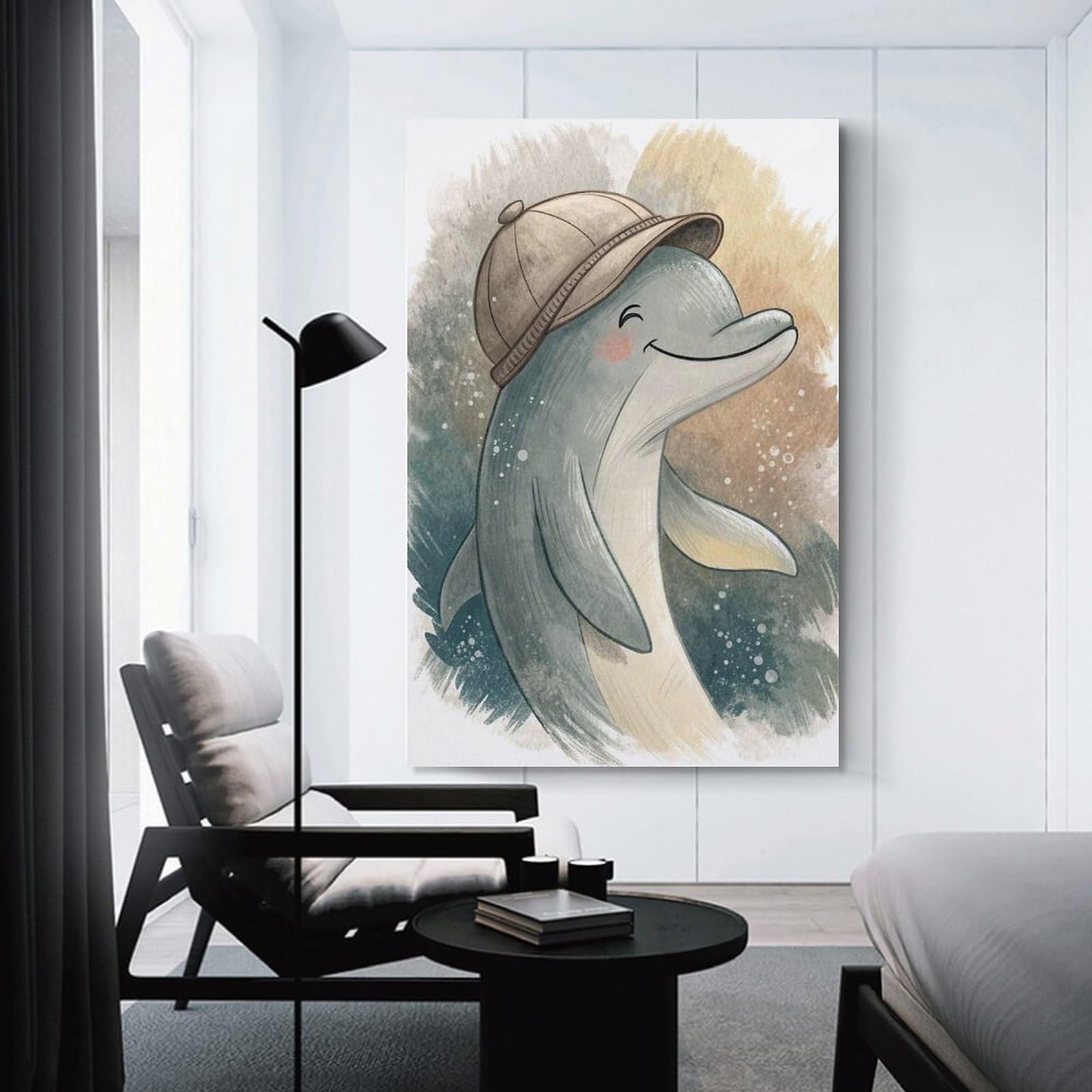 Junmoney Cute Dolphin Wearing A Hat Canvas Wall Decor 24x36inch(60x90cm), for Calm Bedrooms, Home Corners Or Flats, An Easy Wall Refresh for Bedrooms