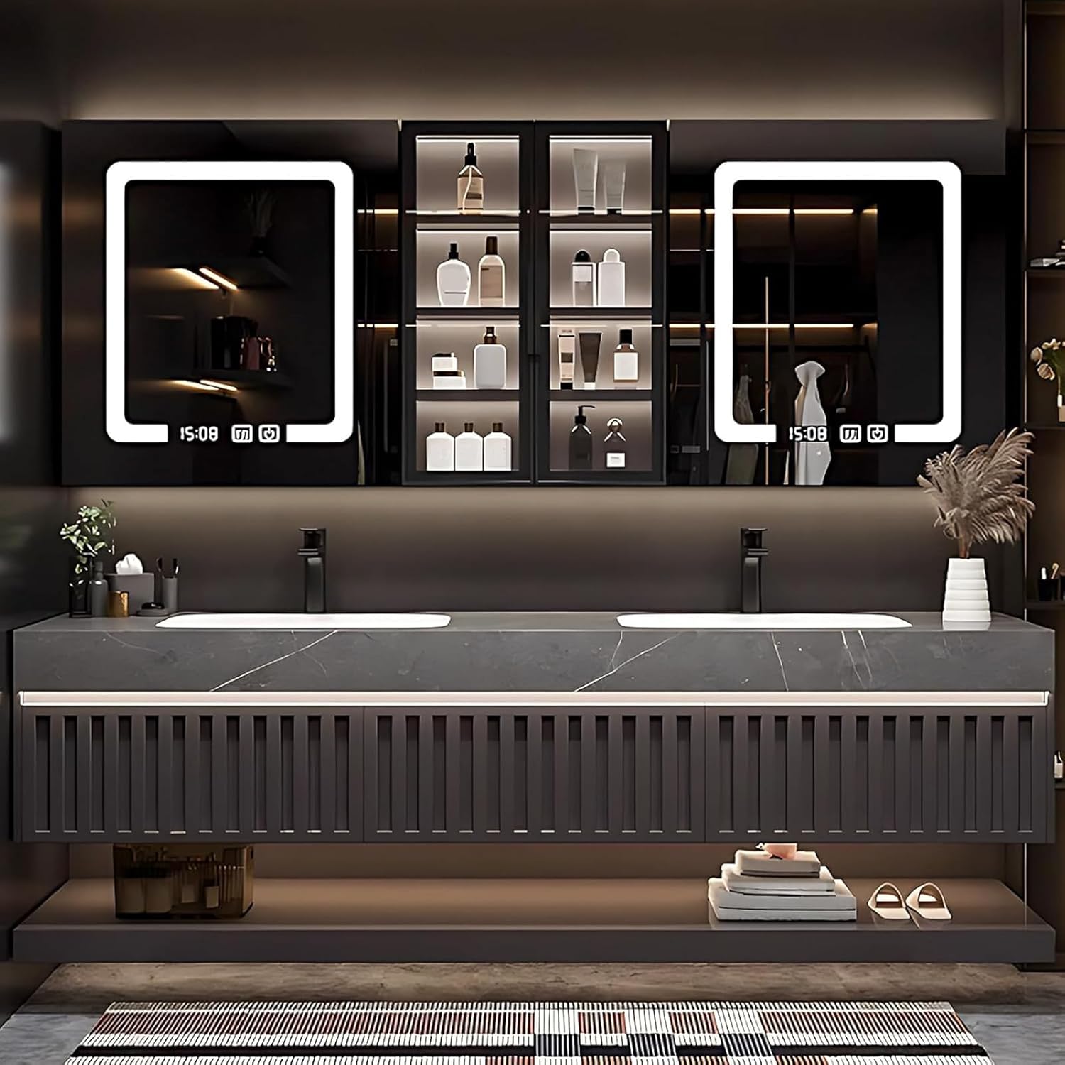 Bathroom Vanity - Luxurious Bathroom Vanity with Double Sinks Include LED Smart Mirror Cabinet & Three Grey Wavy Striped Drawers | Marble Texture Pattern Slate Countertop (72IN)