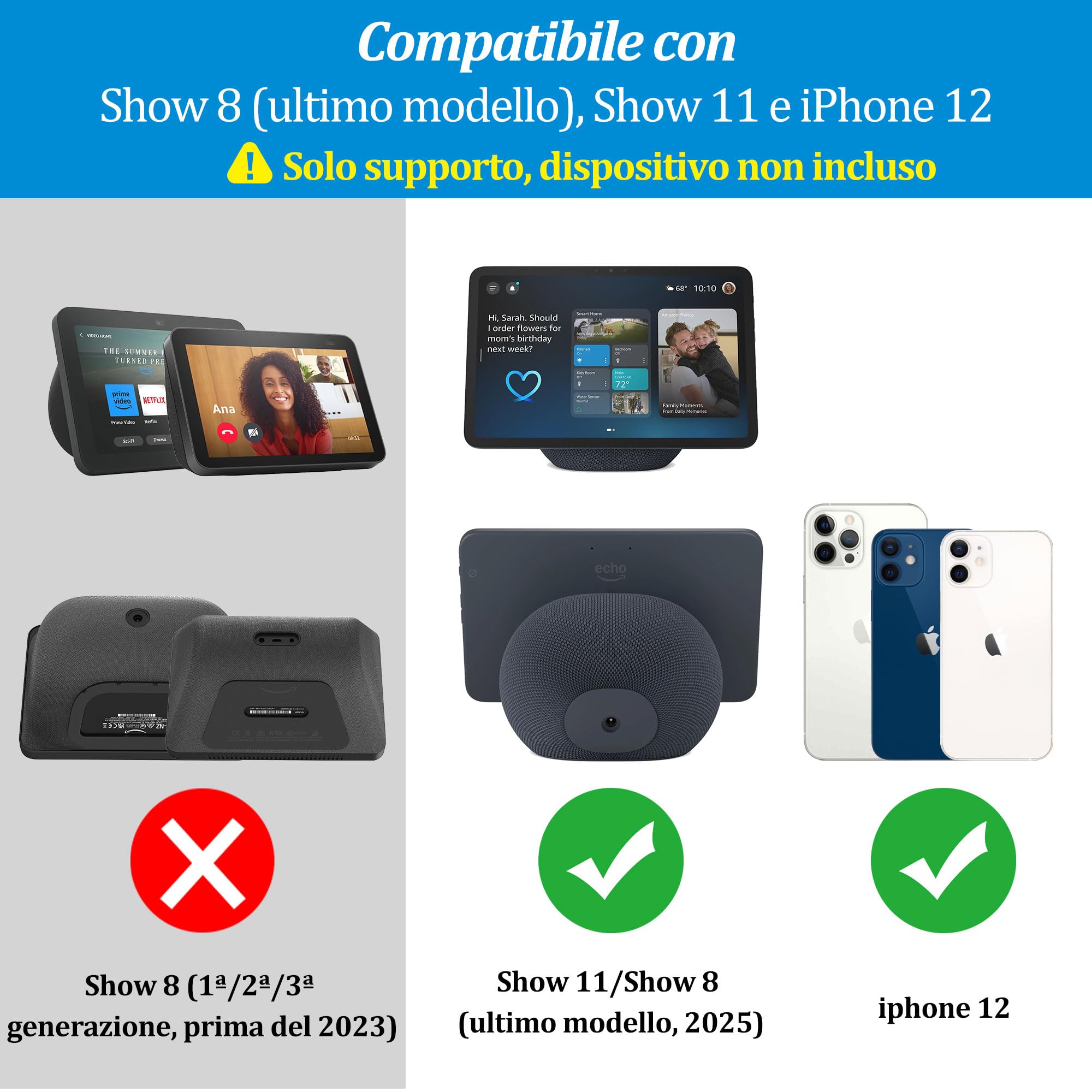PlusAcc Supporto per Show 11/8 (ultima generazione) – Base da tavolo regolabile con inclinazione e fondo antiscivolo, compatibile con iPhone 12, ideale per cucina o comodino (Grafite)
