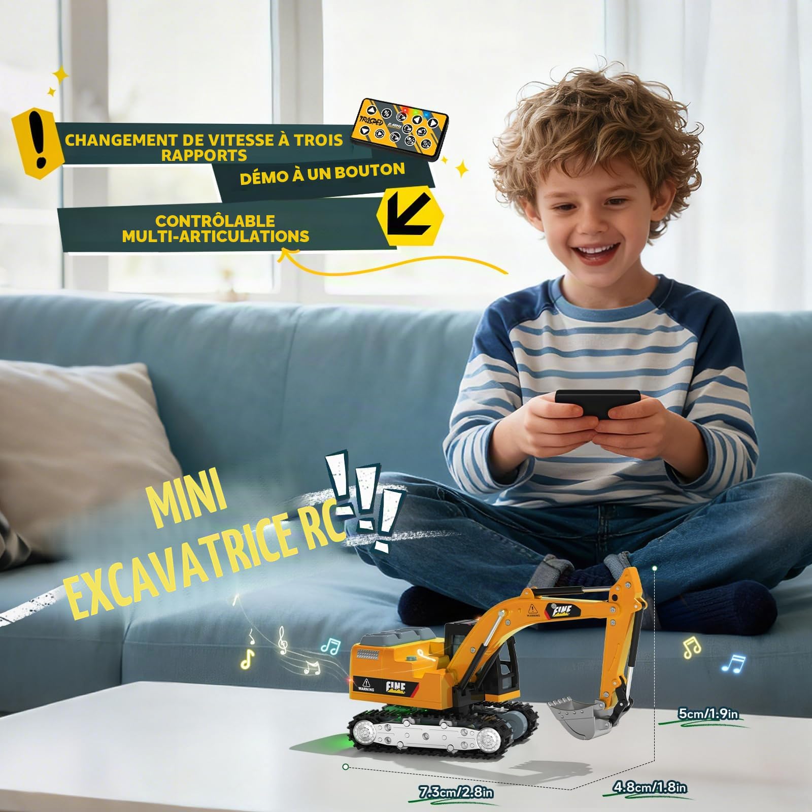 YESHIN Pelleteuse Télécommandée, Jouet Pelleteuse RC 2,4 GHz avec Lumières et Sons, Mini Voiture Télécommandée en Alliage avec Vitesse Réglable, à Partir de 6 Ans