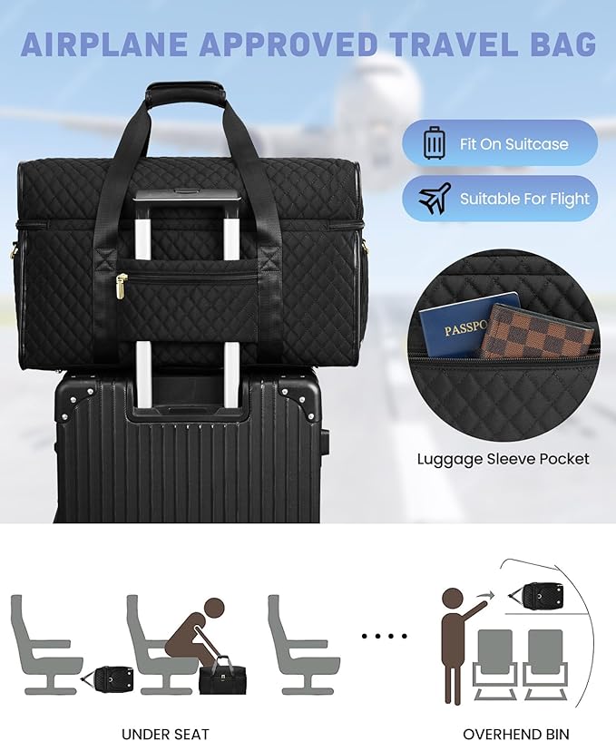 Weekender Travel Duffle Bag for Women: Overnight Bags with Shoe Compartment Carry on Bags for Airplanes with Toiletry Bag Weekend Yoga Gym Bag with Wet Pocket Travel Duffel Tote Bag Hospital Bag Black