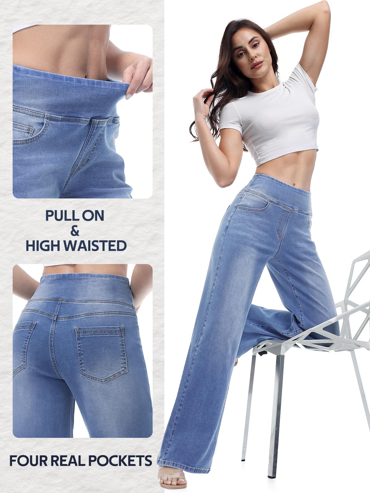 Jeans Donna Vita Alta, Jeans Donna Elasticizzati Jeggings Pantaloni a Gamba Diritti Larghi Casual Push Up Leggins