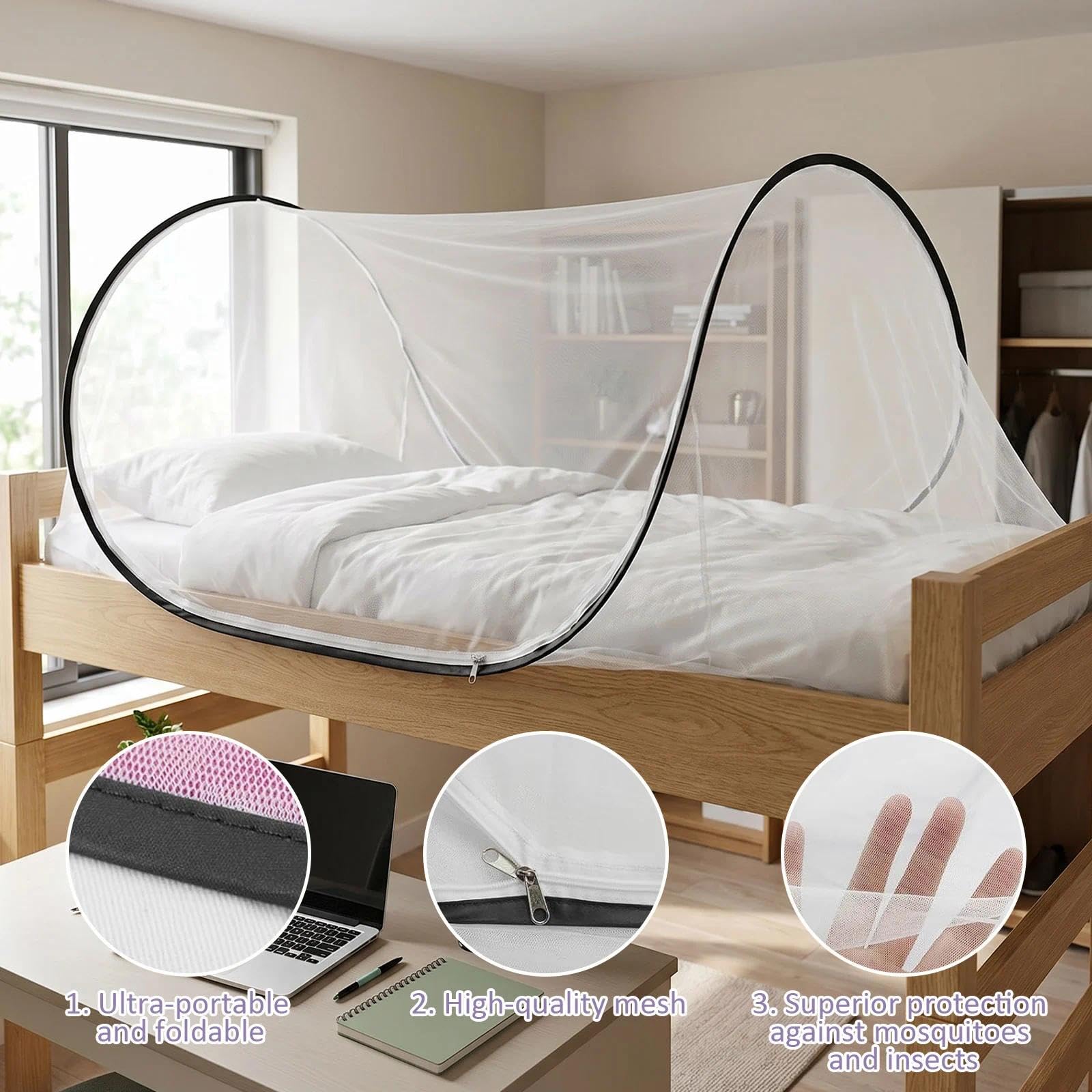 Mosquitera de viaje, mosquitera de cama de viaje 200 x 80 x 56 cm mosquitera plegable para cama individual con cremallera en la base, plegable sin necesidad de montaje ideal para residencias d