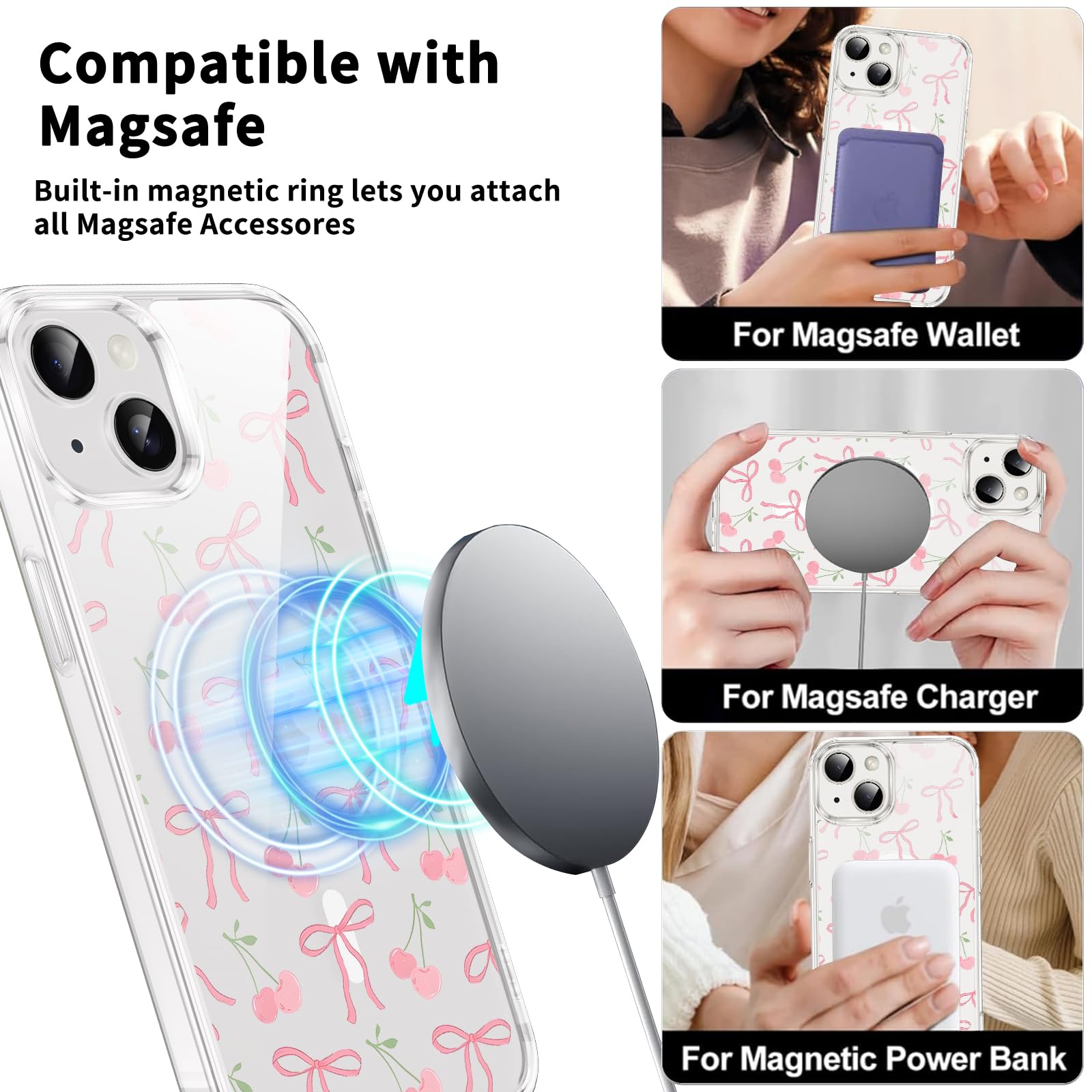 Kivlclri Cover Magnetica per iPhone 16 Pro 6,3, Compatibile con Magsafe Trasparente Silicone Custodia Aesthetic Nero Gatto Righe Disegno Motivo Sottile TPU Hard PC Antiurto Case per Ragazze