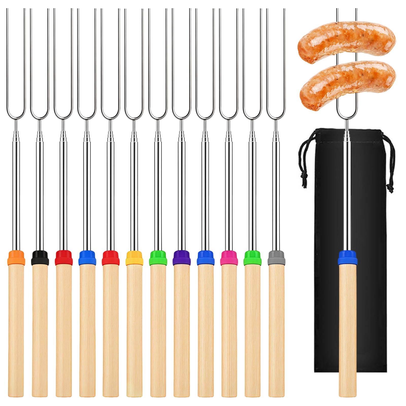 12 Pezzi Spiedini Telescopici, 31-81 cm Manico in Legno Spiedini per Marshmallow in Acciaio Inox con 1 Sacchetto di Tela Nero, Marshmallow Spiedini Barbecue per Campeggio, Falò, Picnicic