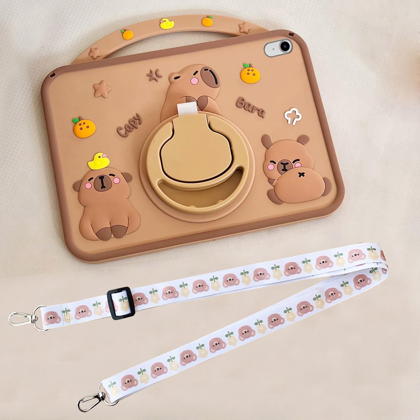 Custodia Bambini Compatibile con iPad (A16) 11a/10a Generazione (2025/2022), Antiurto Silicone Capybara Cover con Portapenna, Supporto per Maniglia, Tracolla