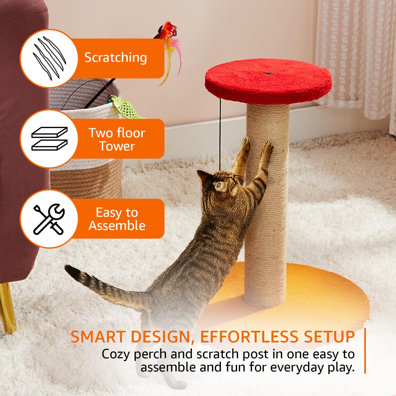 Amazon Basics Cat Scratching Pole and Perch, with Hanging Ball, Red and Yellow, Natural Jute, Sturdy Wooden Base, 44cm (S) 3