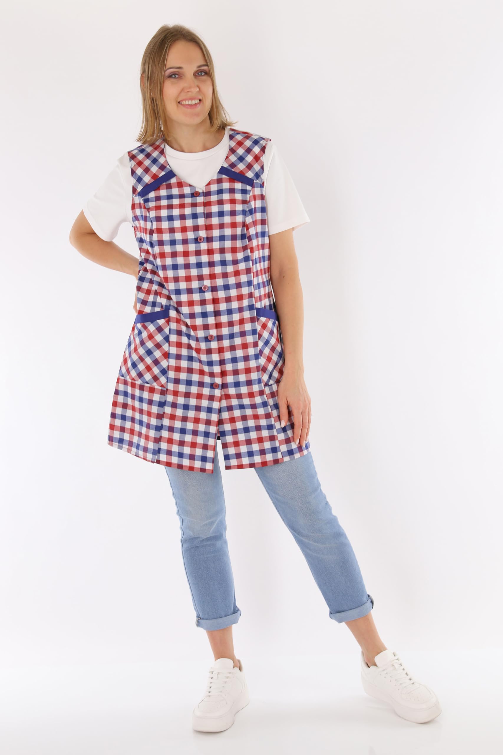 7/8 Casaca para mujer, poliéster, algodón, multicolor, delantal corto, sin mangas, delantal de cocina Diseño 3 48