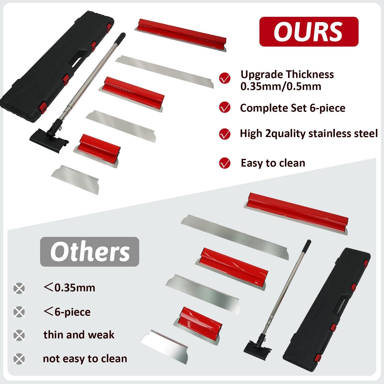 Trockenbau-Skimming-Messer-Set mit Verlängerungsgriff, professionelle Trockenbau-Werkzeuge mit Handschuhen, Edelstahl 300 mm + 500 mm + 800 mm Skimming-Klingen zum Glätten von Wand und Decke