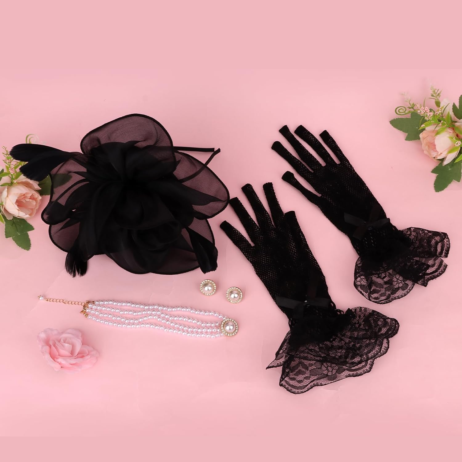 CURASA 4PCS Fascinators Hat for Women Flower Tea Party with Lace Gloves Pearl Necklace Earrings Feather Derby Hat - Image 7