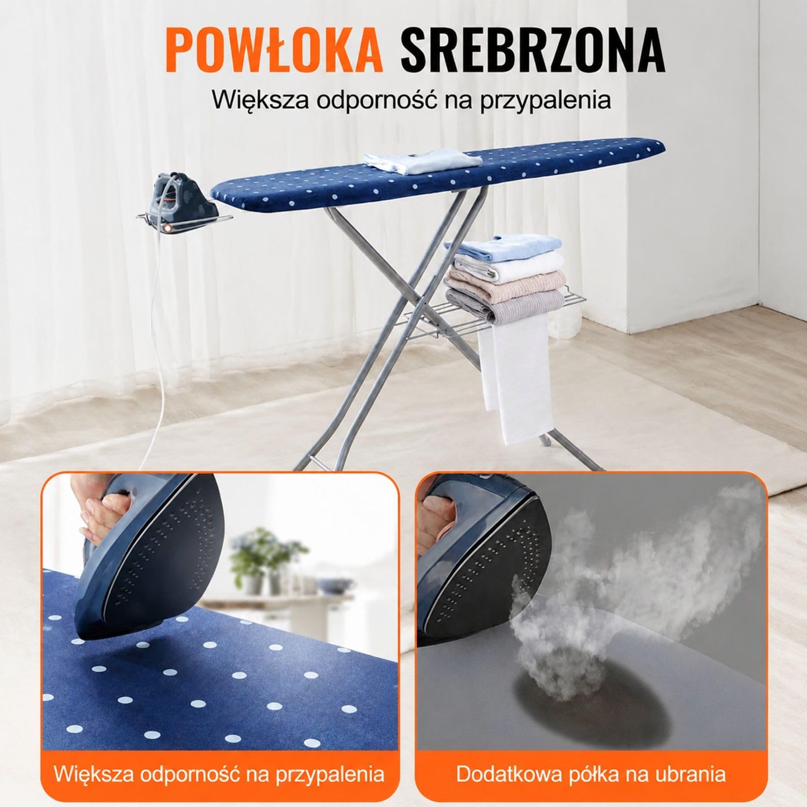 Składana deska do prasowania z podstawką na żelazko i półką, niebieski model z pokrowcem, regulowana wysokość, 4-warstwowa konstrukcja do domu i pralni