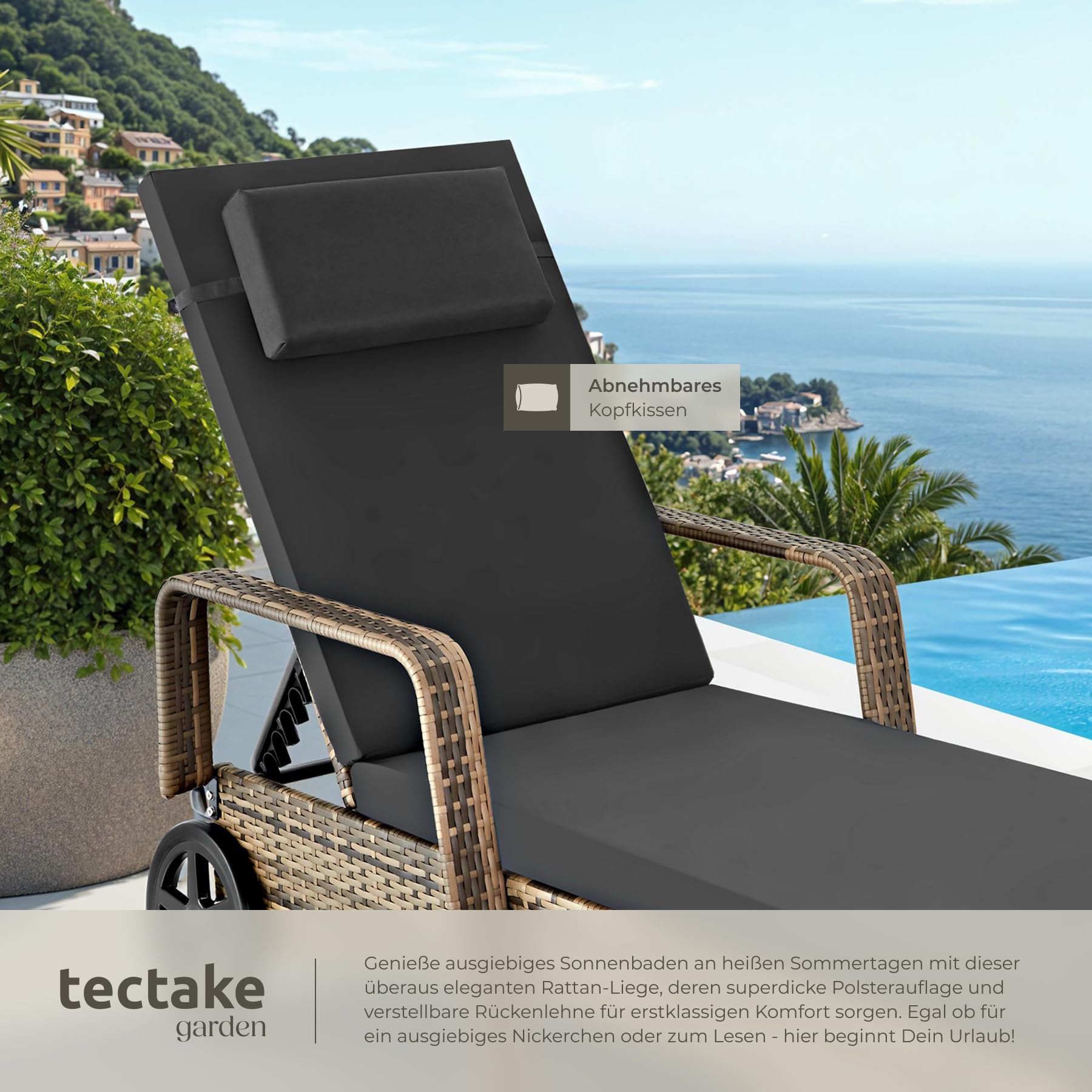 tectake Poly Rattan Gartenliege mit Rollen, 6-Fach höhenverstellbarer Liegestuhl, bis 120kg belastbar, Sonnenliege Rattan (wetterfest), Liege inkl. Polster und Kissen - Natur/dunkelgrau
